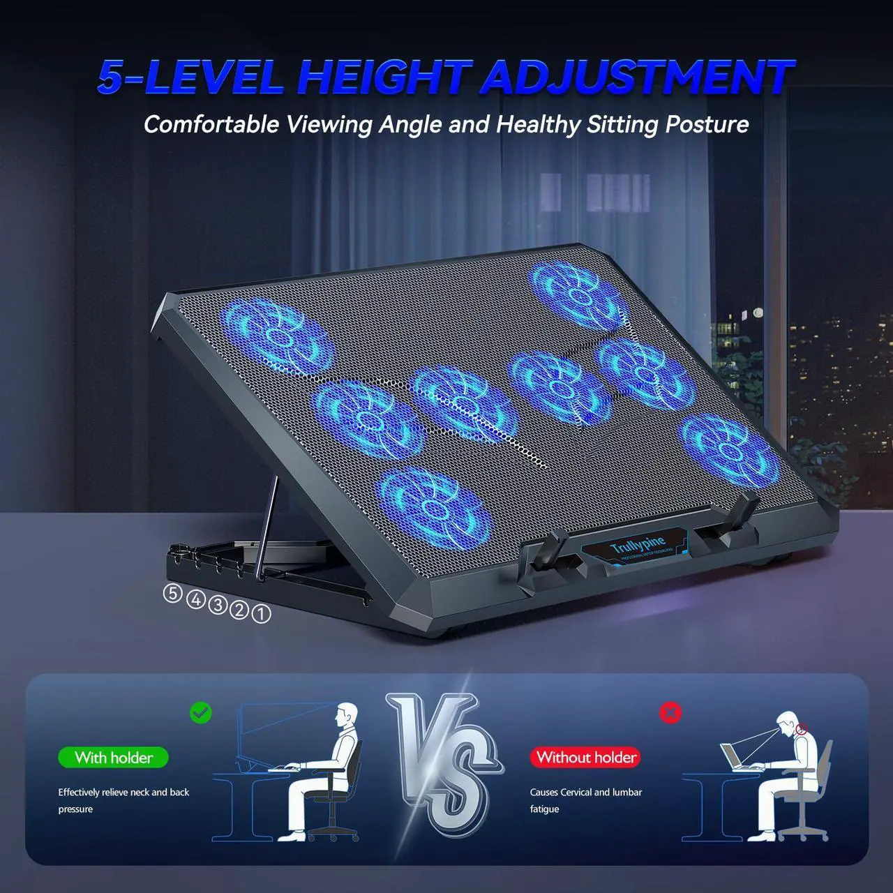 Alt view image 3 of 7 - Updated Gaming Laptop Cooling Pad with 8 Cooling Fans, Laptop Fan Cooler Pad for 15-17.3 Inch, Notebook Cooler Stand with 5 Height Adjustable, Ultra Thin Cooling Pad with Two USB Port + Phone Stand