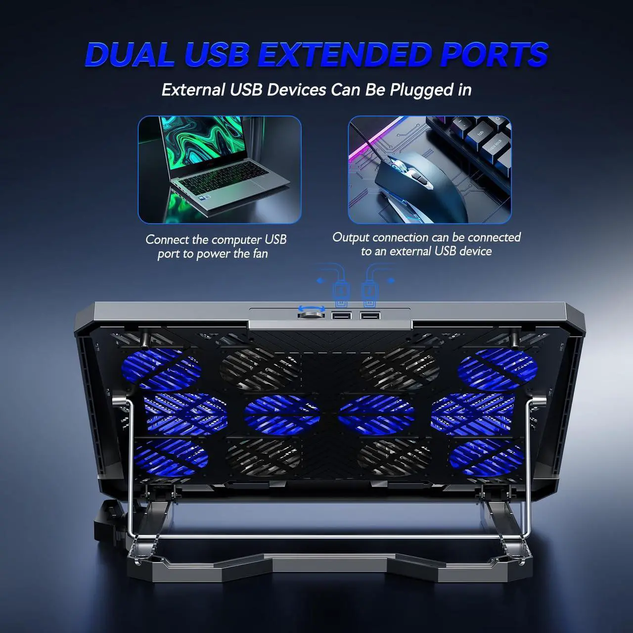 Alt view image 4 of 7 - Updated Gaming Laptop Cooling Pad with 8 Cooling Fans, Laptop Fan Cooler Pad for 15-17.3 Inch, Notebook Cooler Stand with 5 Height Adjustable, Ultra Thin Cooling Pad with Two USB Port + Phone Stand