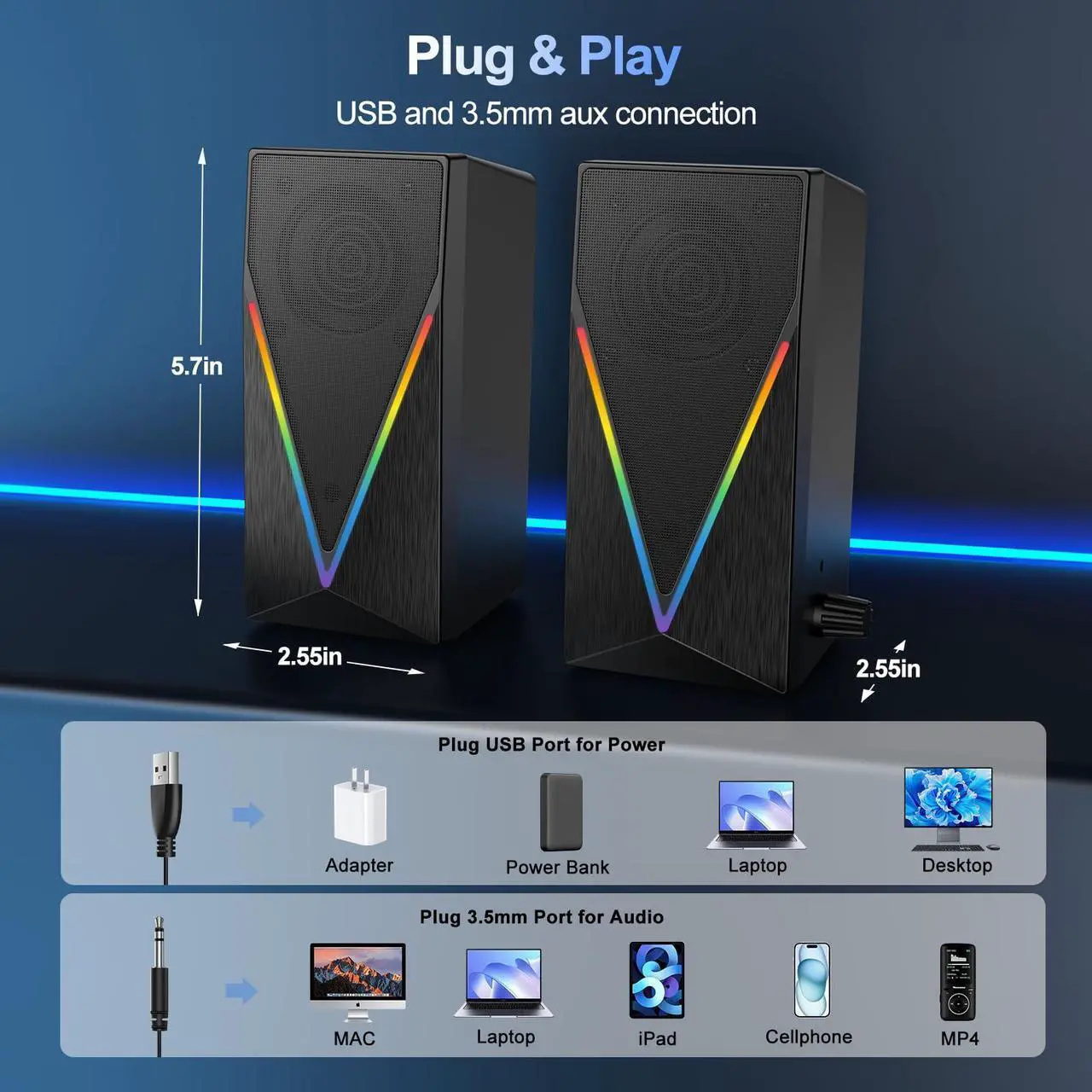 Alt view image 2 of 7 - Computer Speakers, Desktop Speakers with 6 Colorful RGB Lights, Headphone Jack, Enhanced Bass and Volume Control, PC Speakers USB Powered & 3.5mm Aux Gaming Speakers for Laptop Monitor PC Tablet Phone