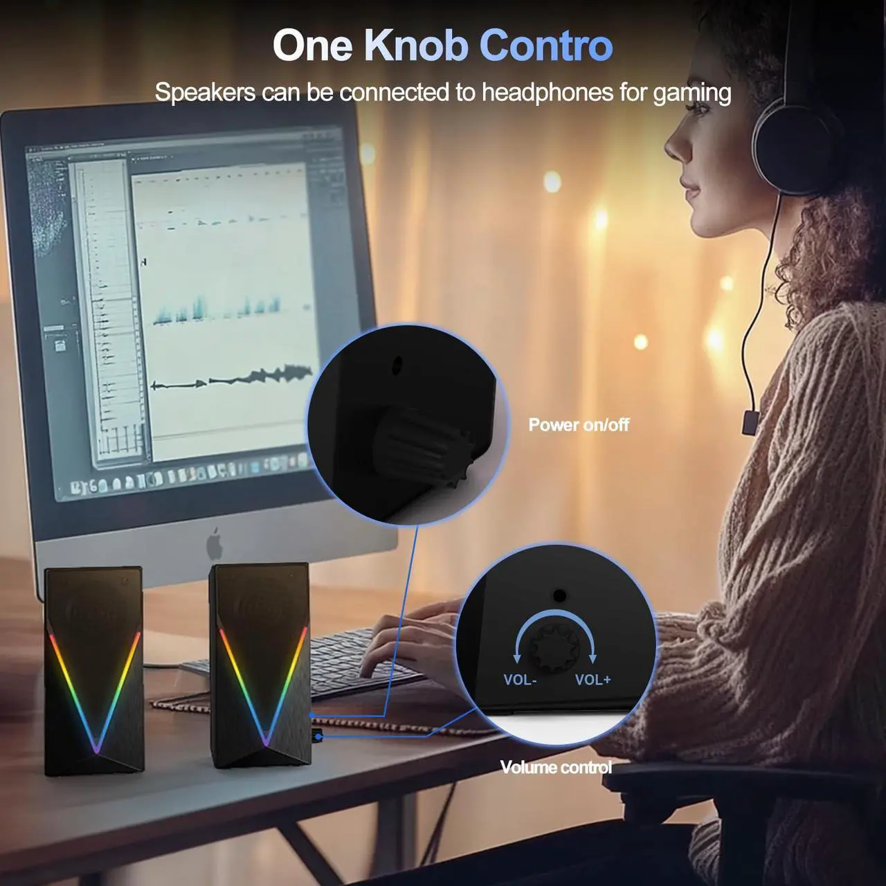 Alt view image 4 of 7 - Computer Speakers, Desktop Speakers with 6 Colorful RGB Lights, Headphone Jack, Enhanced Bass and Volume Control, PC Speakers USB Powered & 3.5mm Aux Gaming Speakers for Laptop Monitor PC Tablet Phone