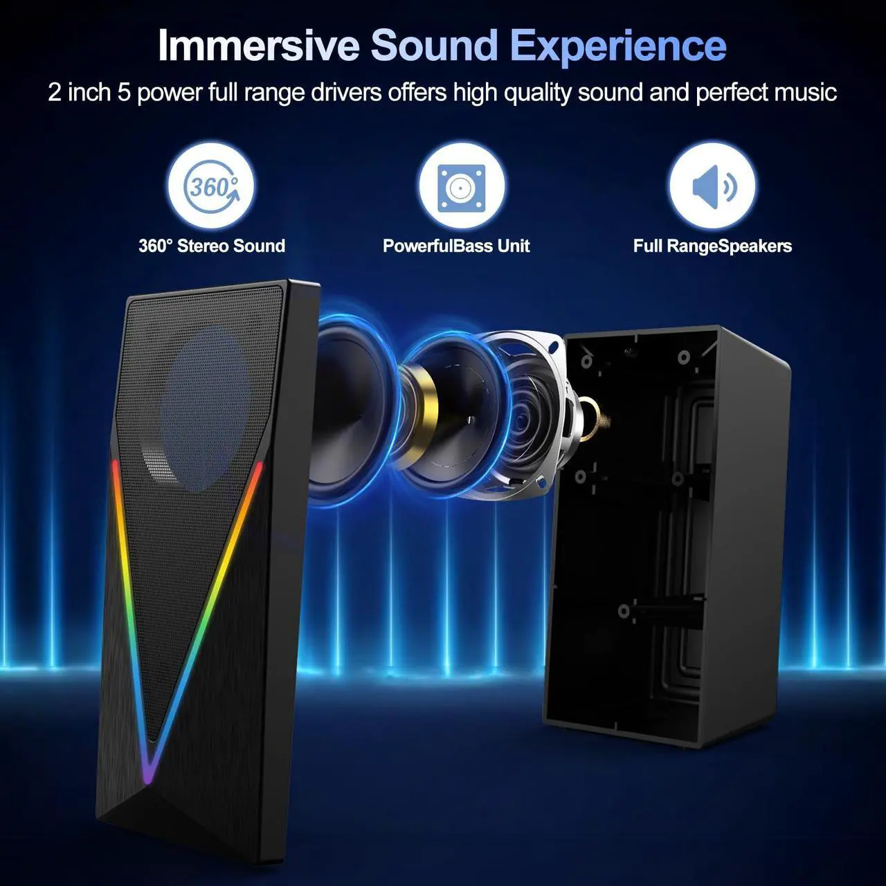 Alt view image 3 of 7 - Computer Speakers, Desktop Speakers with 6 Colorful RGB Lights, Headphone Jack, Enhanced Bass and Volume Control, PC Speakers USB Powered & 3.5mm Aux Gaming Speakers for Laptop Monitor PC Tablet Phone