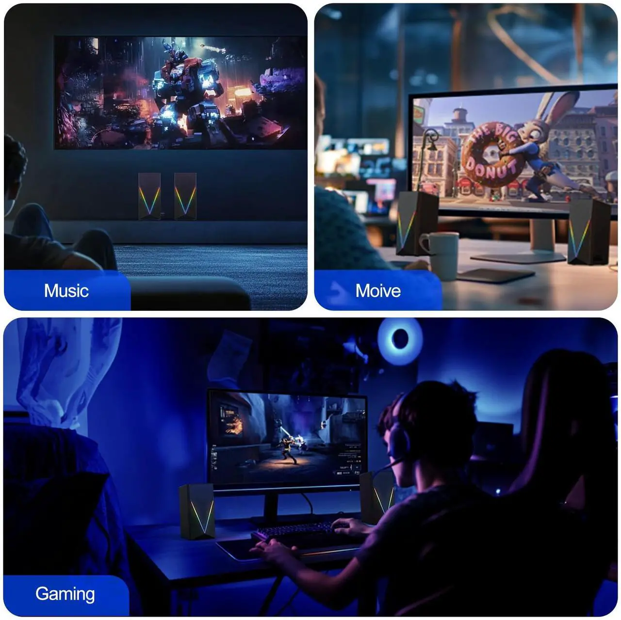 Alt view image 7 of 7 - Computer Speakers, Desktop Speakers with 6 Colorful RGB Lights, Headphone Jack, Enhanced Bass and Volume Control, PC Speakers USB Powered & 3.5mm Aux Gaming Speakers for Laptop Monitor PC Tablet Phone