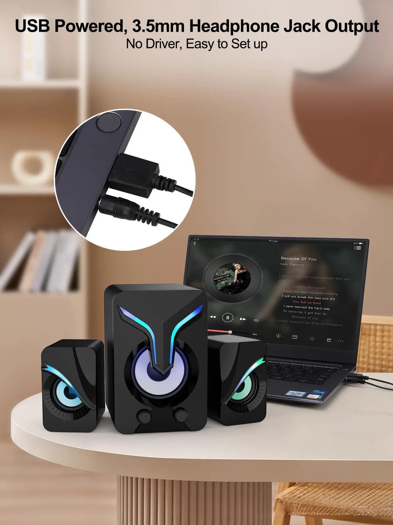 Alt view image 3 of 7 - High Performan Computer Speaker, Mini PC Speakers with Subwoofer, 2.1 Desktop Speaker with RGB Lights, USB Powered, Stereo Sound, Gaming Speaker with 3.5mm Aux Cable for Monitor/Laptop/Tablet