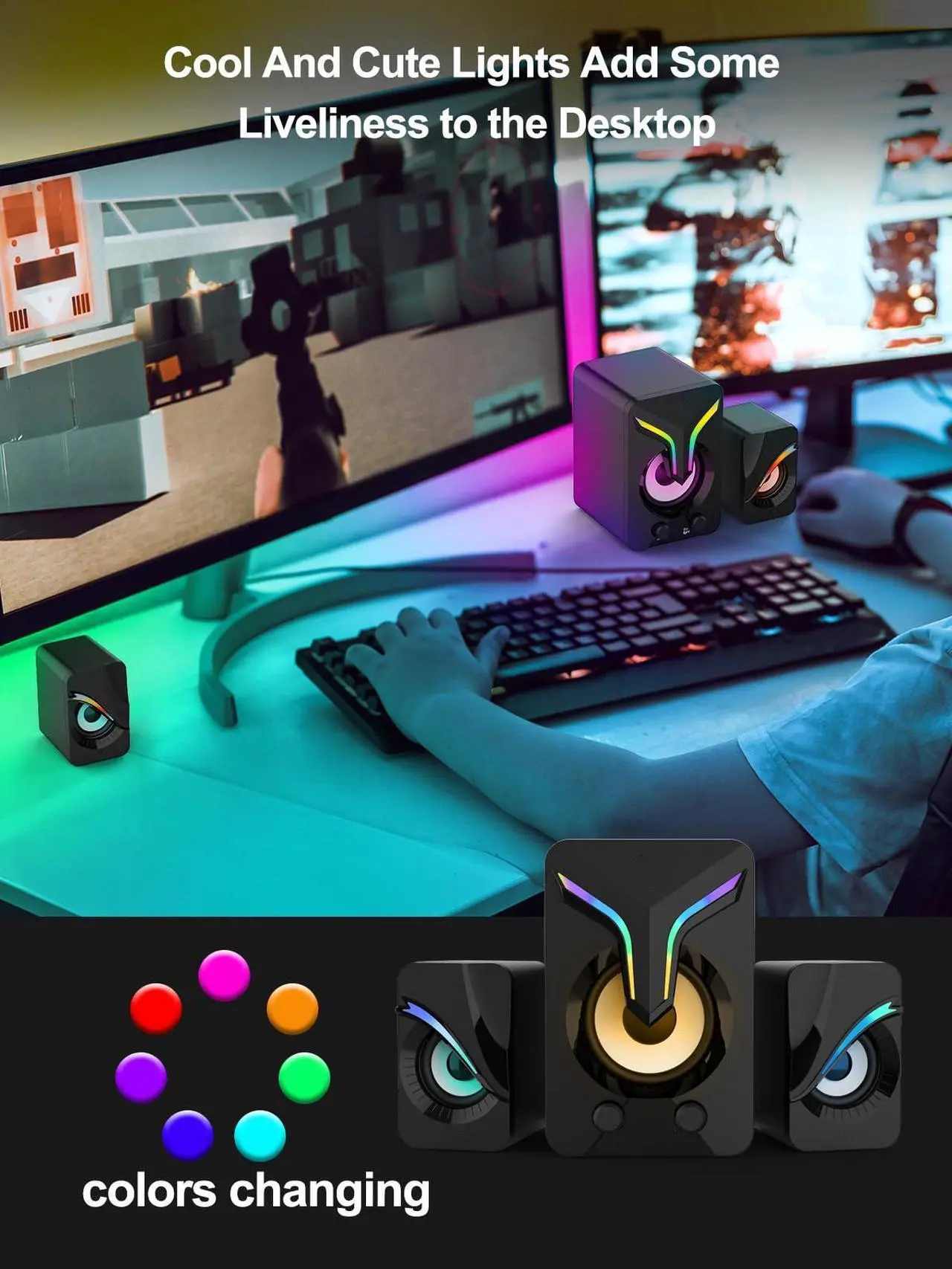 Alt view image 5 of 7 - High Performan Computer Speaker, Mini PC Speakers with Subwoofer, 2.1 Desktop Speaker with RGB Lights, USB Powered, Stereo Sound, Gaming Speaker with 3.5mm Aux Cable for Monitor/Laptop/Tablet