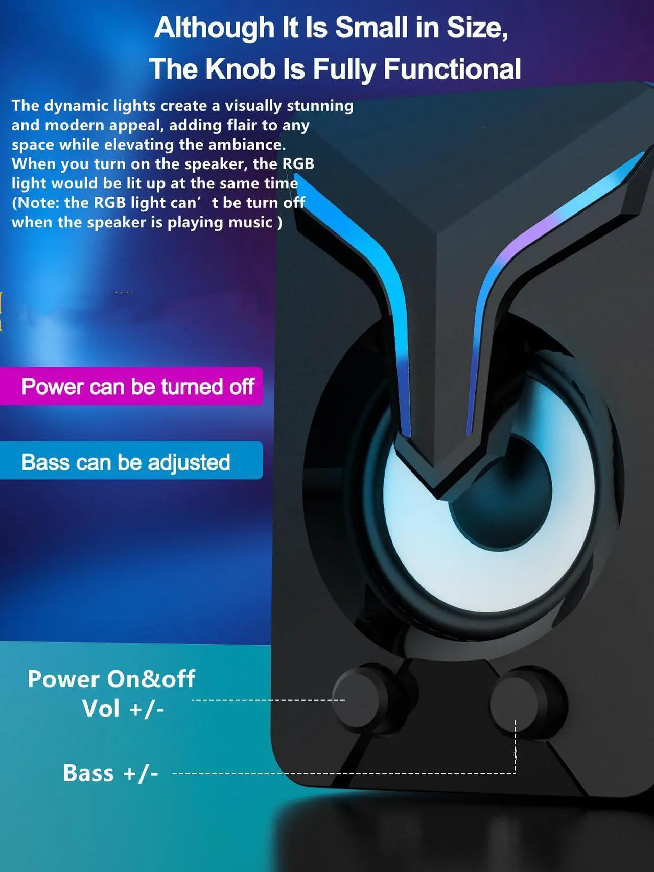 Alt view image 6 of 7 - High Performan Computer Speaker, Mini PC Speakers with Subwoofer, 2.1 Desktop Speaker with RGB Lights, USB Powered, Stereo Sound, Gaming Speaker with 3.5mm Aux Cable for Monitor/Laptop/Tablet