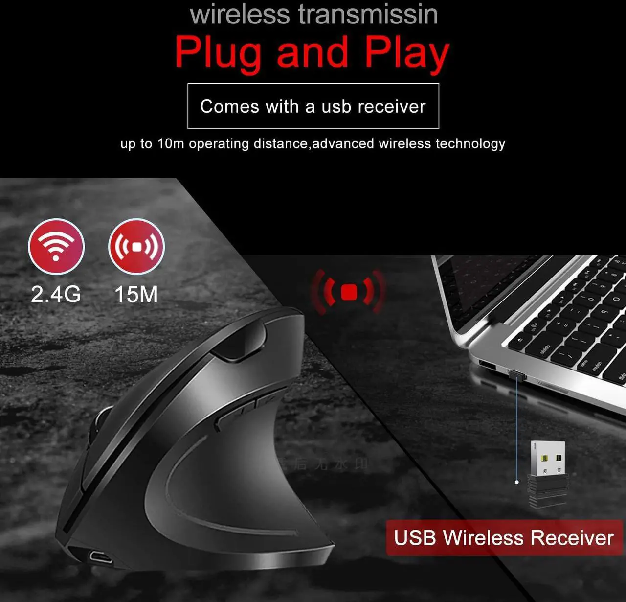 Alt view image 4 of 7 - Bailink Ergonomic Mouse, Rechargeable Wireless Mouse, 2.4GHz Rechargeable Wireless Vertical Optical Mice with USB Receiver, 6 Buttons for Laptop, PC, Computer Black