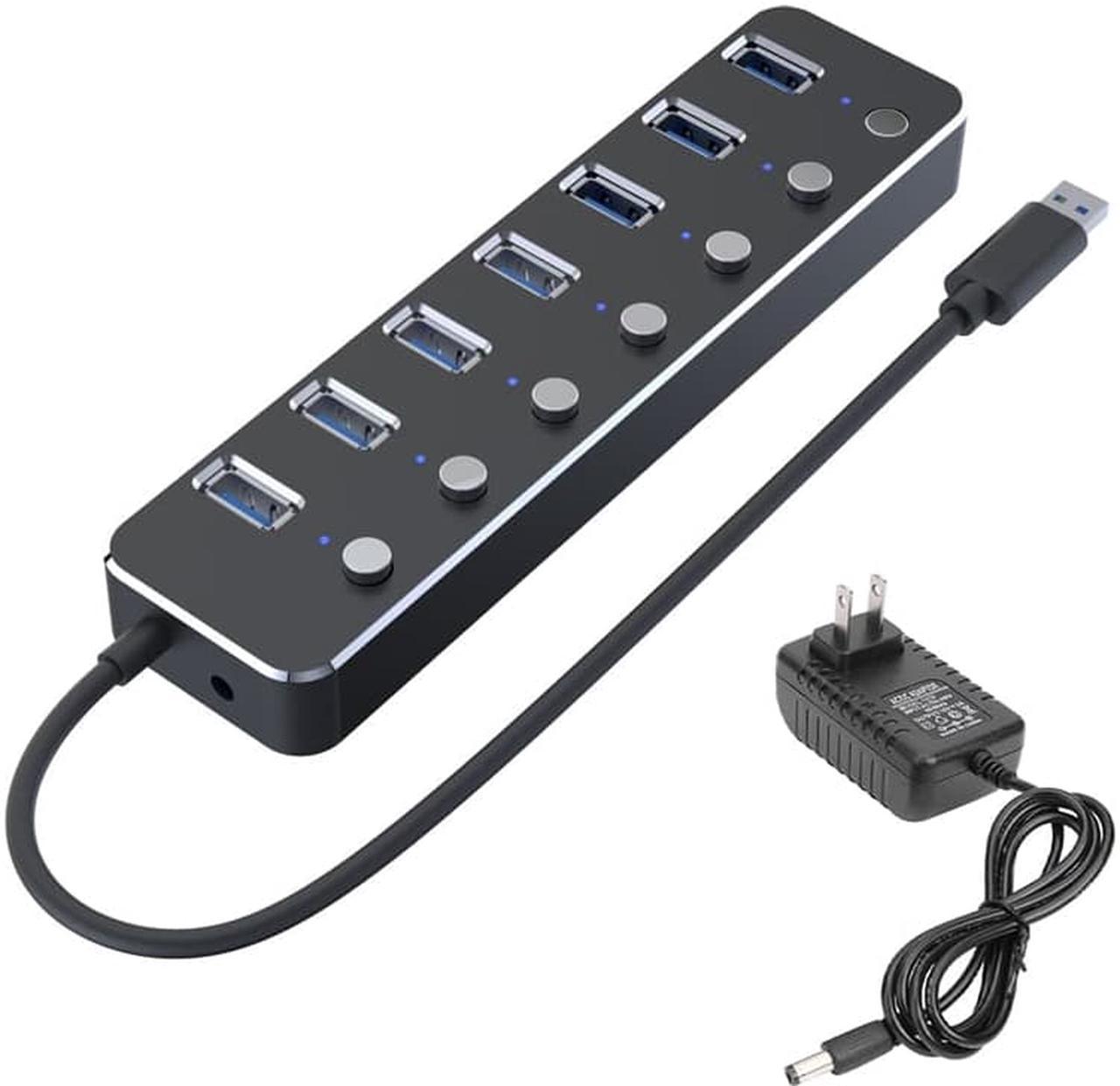 WIILGN USB 3.0 Hub Powered, 7 Port USB Data Hub Extender Aluminum USB Splitter with Individual On/Off Switches, Power Adapter with 60cm Cable for MacBook Laptop PC