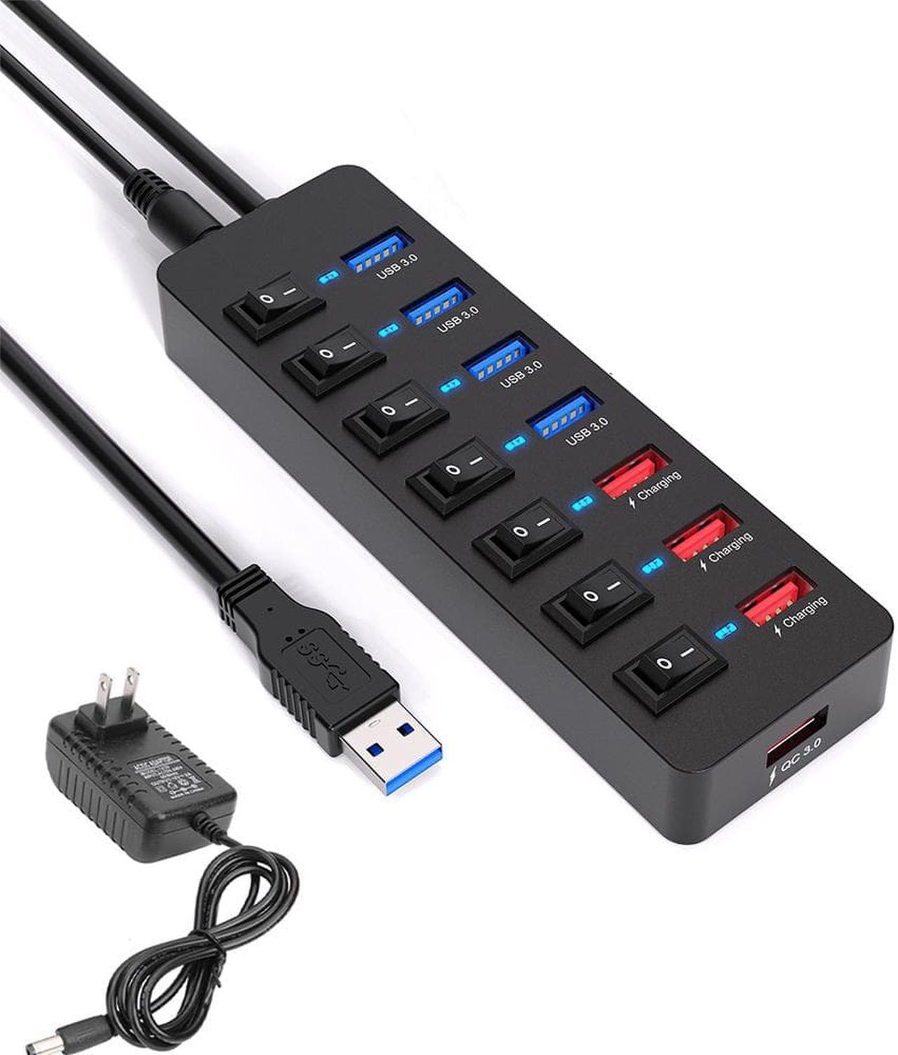 USB 3.0 Hub Powered 8 Port LED Lights Data Hub Extender,USB Splitter with Individual Switches and 12V AC Adapter,48W QC 3.0 3 Power IQ Charging Ports for Android,iPhone,iPad