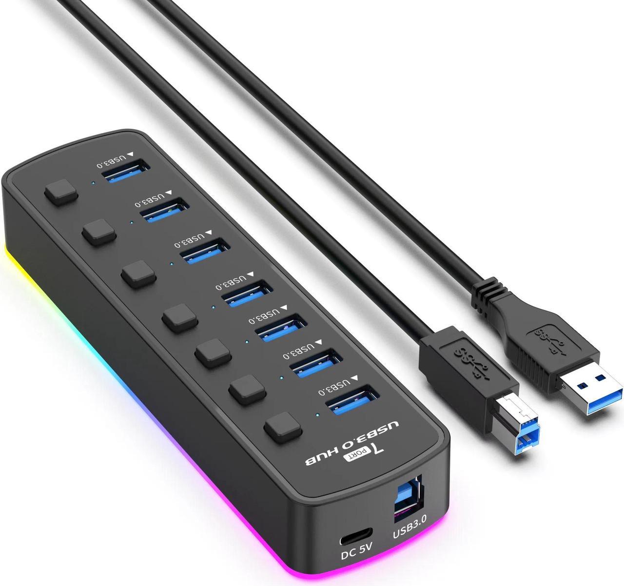 WIILGN Laptop LED Indicator USB Docking Station, 7-Port Powered USB 3.0 Hub with RBG Light, Multiport Independent Switch High Speed USB Hub Adapter Computer Accessories