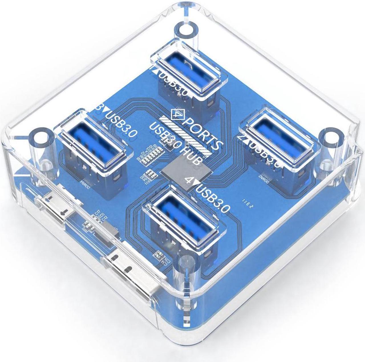 WIILGN 4 Ports 5Gbps USB3.0 Creative Transparent HUB with Reserced Micro USB3.0 External 5V Power Supply 30cm USB Cable Optimised for PC Desktop Laptop Windows Mac OS