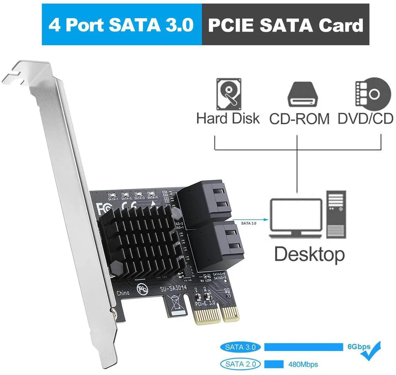 Alt view image 5 of 7 - Ziyituod PCIe SATA Card 4 Ports with 4 SATA Cables, SATA 3.0 Controller Expansion Card with Low Profile Bracket, PCI-E X1 3.0 Gen3 (6Gbps) Boot as System Disk, Non Raid, Support 4 SATA 3.0 Devices