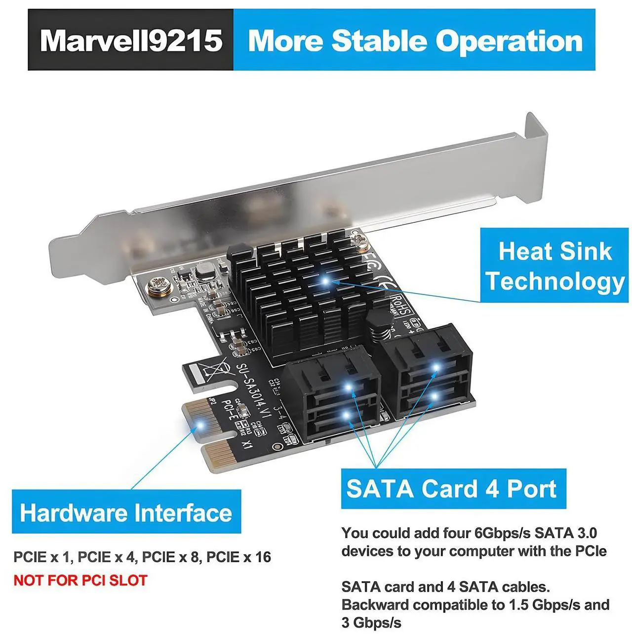 Alt view image 2 of 7 - Ziyituod PCIe SATA Card 4 Ports with 4 SATA Cables, SATA 3.0 Controller Expansion Card with Low Profile Bracket, PCI-E X1 3.0 Gen3 (6Gbps) Boot as System Disk, Non Raid, Support 4 SATA 3.0 Devices