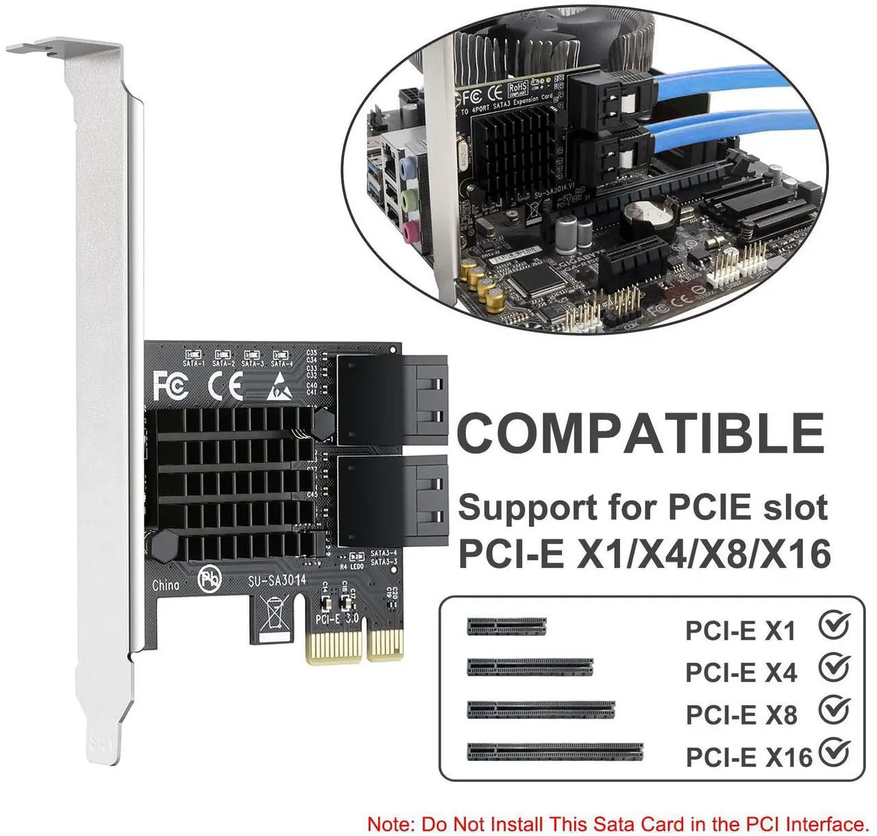 Alt view image 4 of 7 - Ziyituod PCIe SATA Card 4 Ports with 4 SATA Cables, SATA 3.0 Controller Expansion Card with Low Profile Bracket, PCI-E X1 3.0 Gen3 (6Gbps) Boot as System Disk, Non Raid, Support 4 SATA 3.0 Devices
