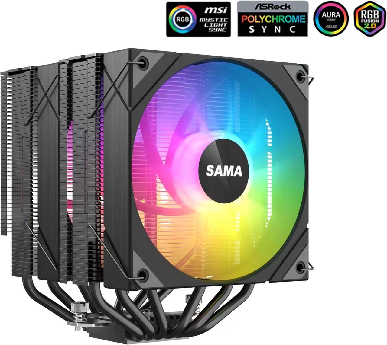 SAMA 6PDW ARGB Black CPU Air Cooler 120mm Cooling Fan Addressable RGB Aluminum PC CPU Heatsink for Intel 775/115X/1700/1200/1366 AMD FM2+/FM2/FM1/AM4/AM3/M2+/AM2/AM5