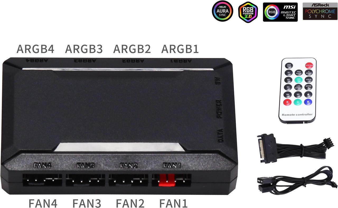 SAMA 5V 3 Pin ARGB Fan HUB,Pwm Fan Temperature Controller Integrator, Remote Control Computer RGB Light Adapter , 4 * 4 Pin Fan Speed Controller Ports , 4 * 5v 3pin A-RGB Ports (Black)