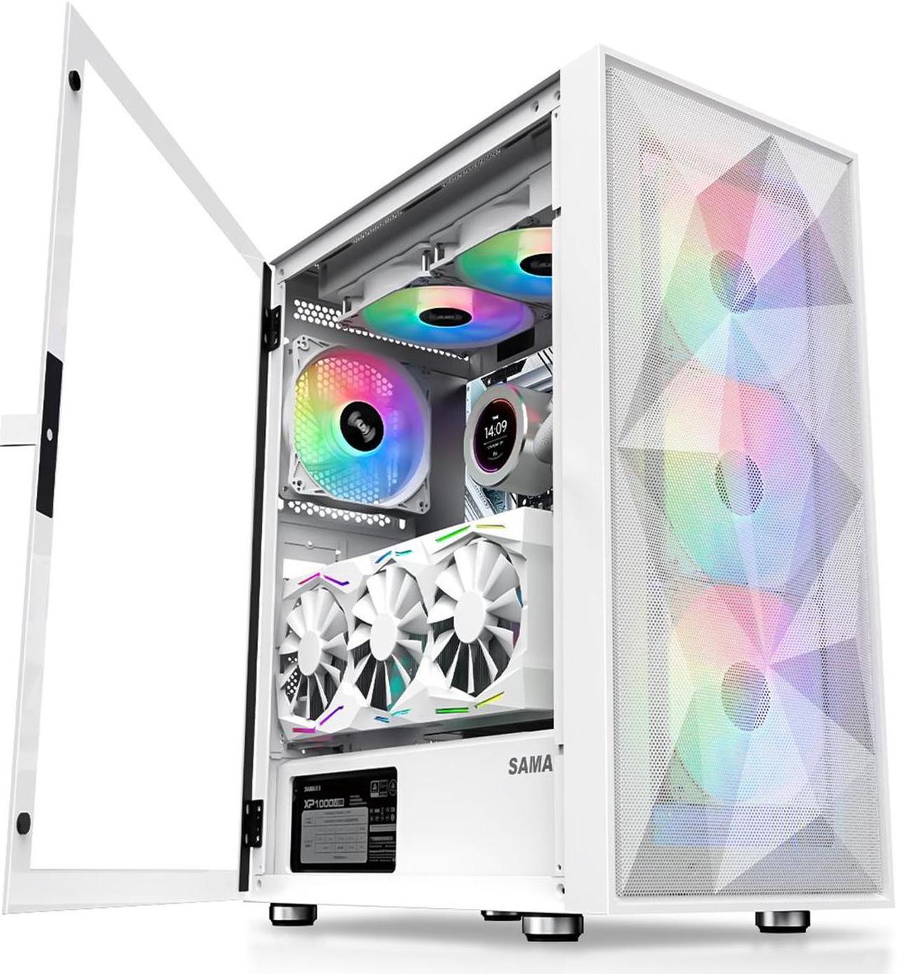 SAMA 3509 White Mid Tower Gaming PC Case with Door Open Tempered Glass, 4 Pre-installed RGB Airflow Cooling Fans