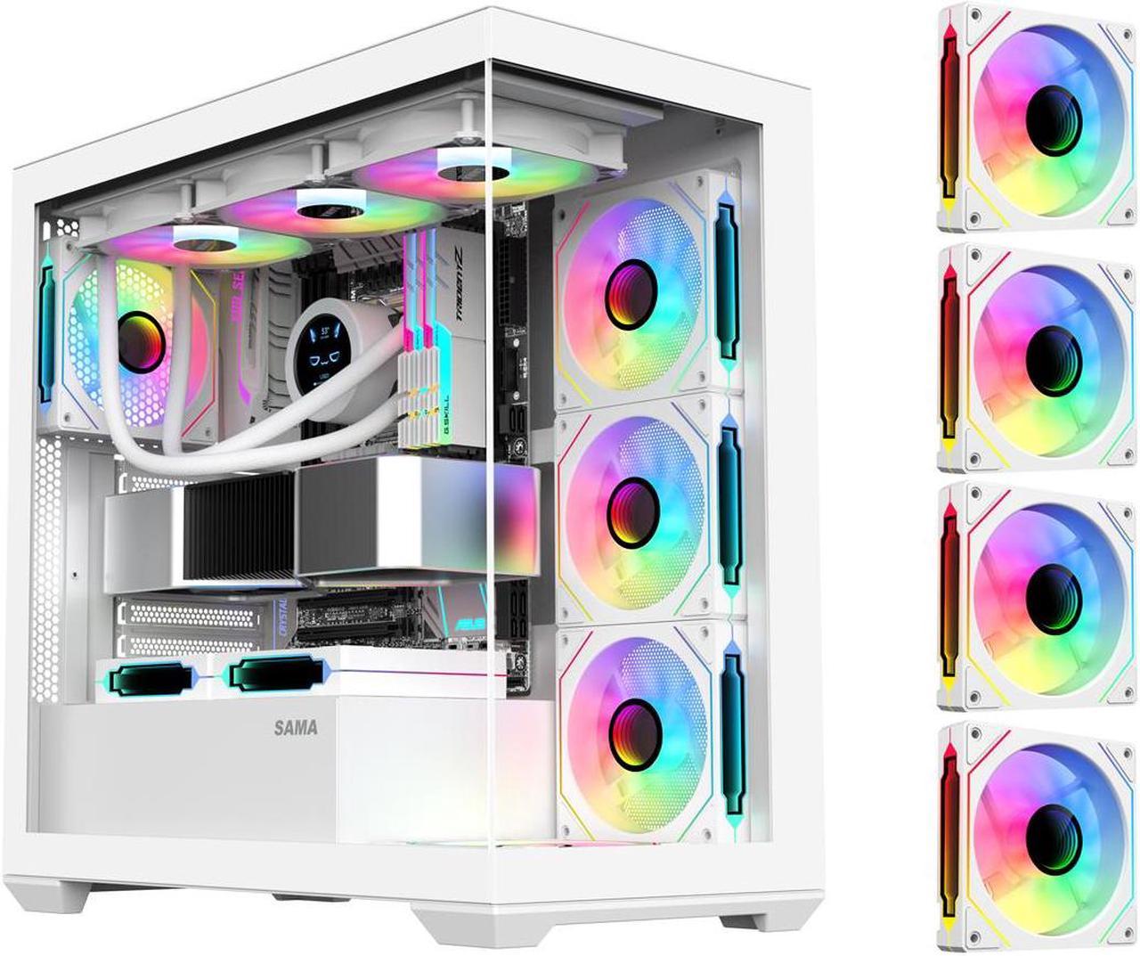 SAMA SV01 Gaming PC Case Computer Mid Tower ATX Case White with 4 Addressable RGB Fans Pre-Installed, Back Plug Motherboard Design, Tempered Glass Transparent Side Panel