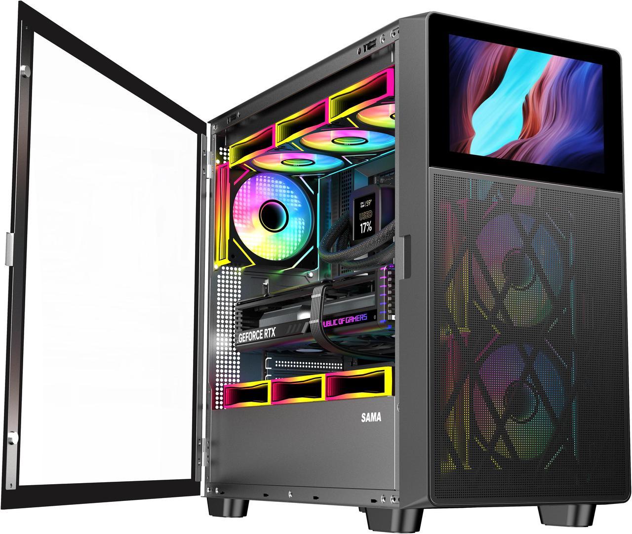 SAMA V-play ATX Mid Tower High-end Gaming Computer PC Case With 8-inch LCD Display, Tempered Glass Side Panels, Supports Multiple Cooling Configurations Black