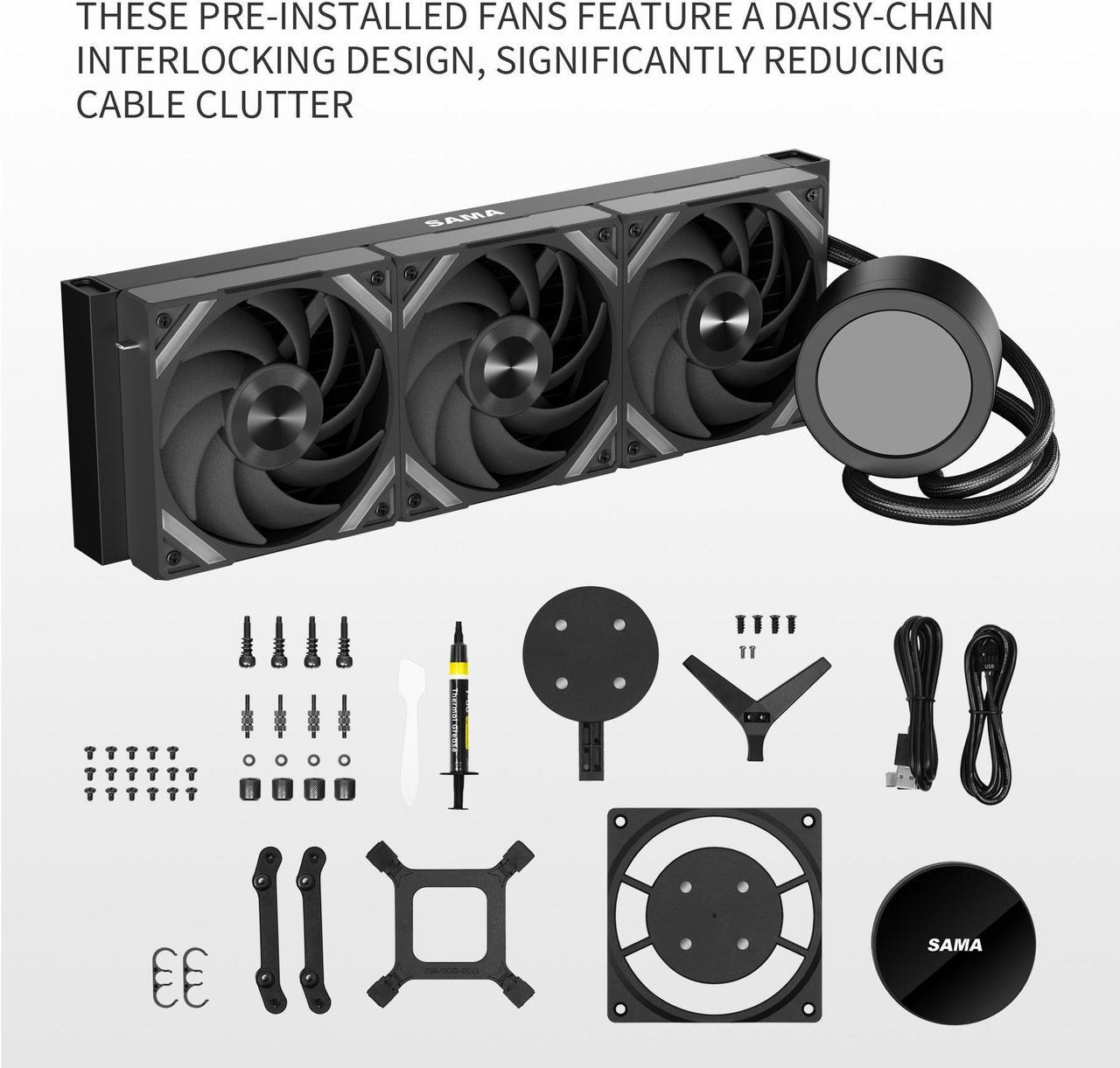 Alt view image 7 of 7 - SAMA Q70 Black CPU Liquid Cooler, 360MM Liquid Water AIO CPU Cooler with 2.8" LCD Display, Magnetic Detachable, XT120 Modular Fans LCP Blade, Bonus Stands, 115X, 2011, 1200, 1700, AM4, AM5 AIO Cooler