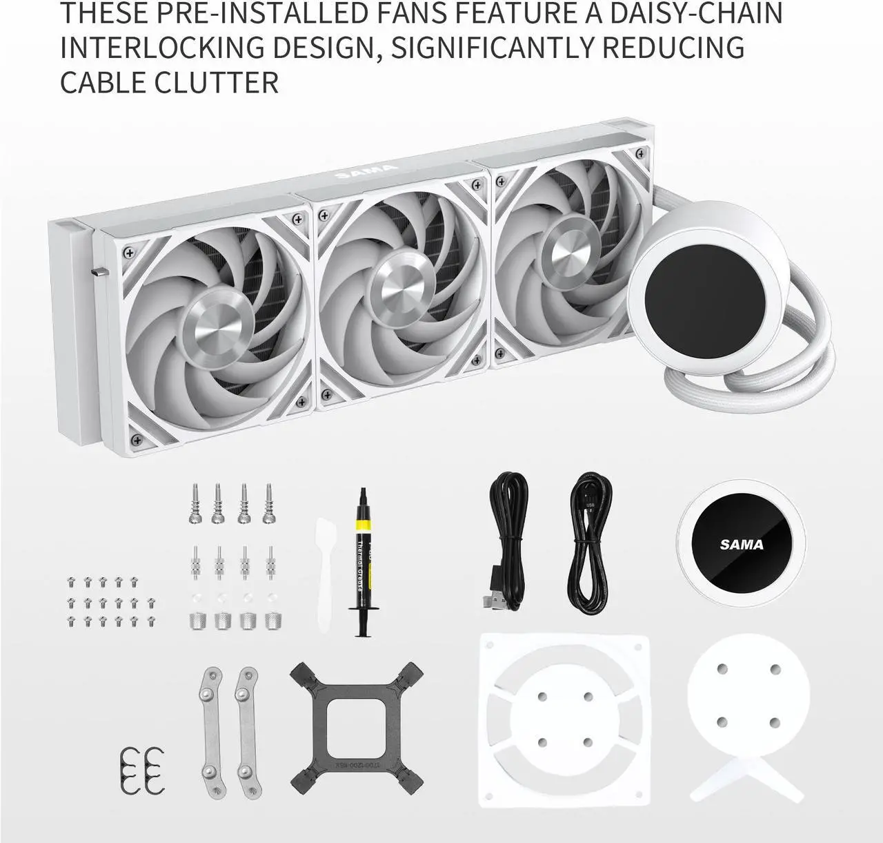 Alt view image 7 of 7 - SAMA Q70 White CPU Liquid Cooler, 360MM Liquid Water AIO CPU Cooler with 2.8" LCD Display, Magnetic Detachable, XT120 Modular Fans LCP Blade, Bonus Stands, 115X, 2011, 1200, 1700, AM4, AM5 AIO Cooler