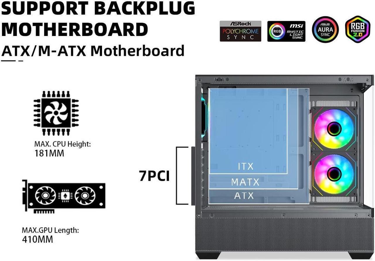 Alt view image 3 of 7 - SAMA SV02 ATX Computer Gaming PC Case Mid Tower White with 3 ARGB Fans Pre-Installed, Tempered Glass Transparent Side Panel,BTF Back Plug Motherboard Design