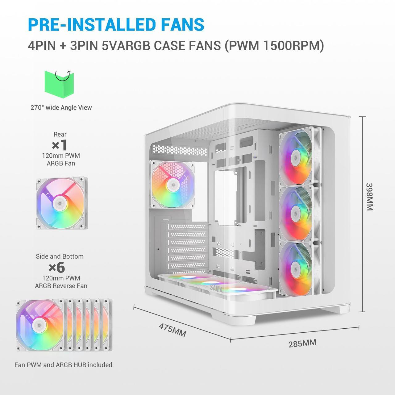 Alt view image 3 of 7 - SAMA V60 PC Case, Mid-Tower Computer Case, A Curved Tempered Glass, 7 Pre-Installed ARGB PWM Fans and Fan Hub, USB Type-C, ATX/MATX/ITX Back-Connect Support, 360mm Liquid Cooler Compatible, White