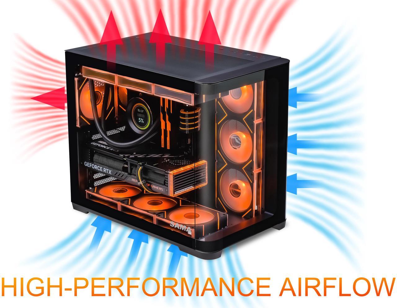 Alt view image 4 of 7 - SAMA 2851 ATX Mid-Tower PC Gaming Case, High-Airflow, Sturdy Curved Tempered Glass Front, 4 ARGB PWM Fan Pre-installed with Fan Hub, Black