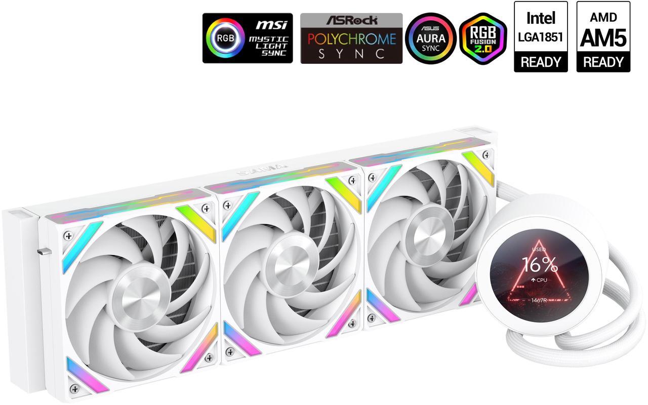 Main image of SAMA Q70 White CPU Liquid Cooler, 360MM Liquid Water AIO CPU Cooler with 2.8" LCD Display, Magnetic Detachable, XT120 Modular Fans LCP Blade, Bonus Stands, 115X, 2011, 1200, 1700, AM4, AM5 AIO Cooler