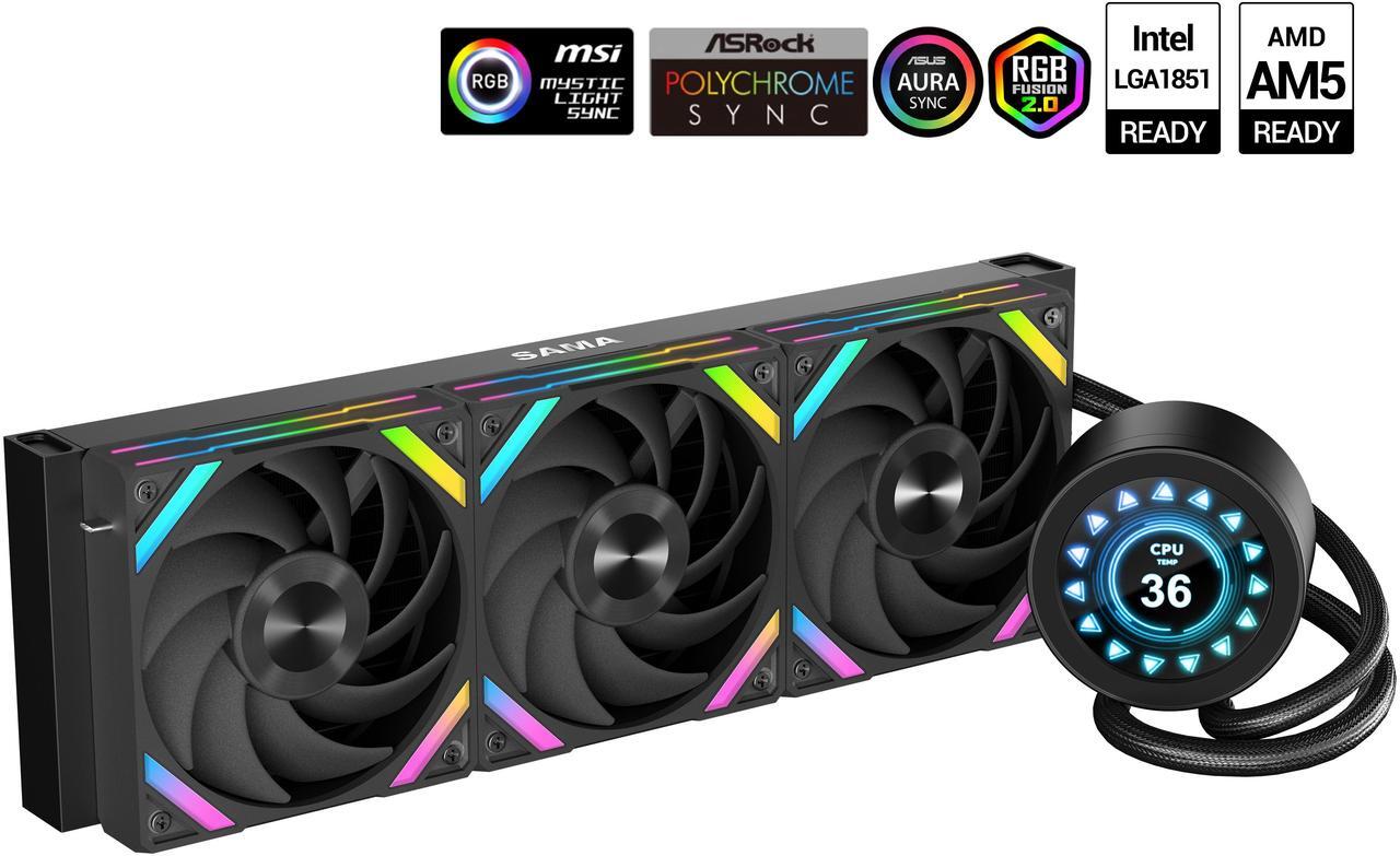 Main image of SAMA Q70 Black CPU Liquid Cooler, 360MM Liquid Water AIO CPU Cooler with 2.8" LCD Display, Magnetic Detachable, XT120 Modular Fans LCP Blade, Bonus Stands, 115X, 2011, 1200, 1700, AM4, AM5 AIO Cooler