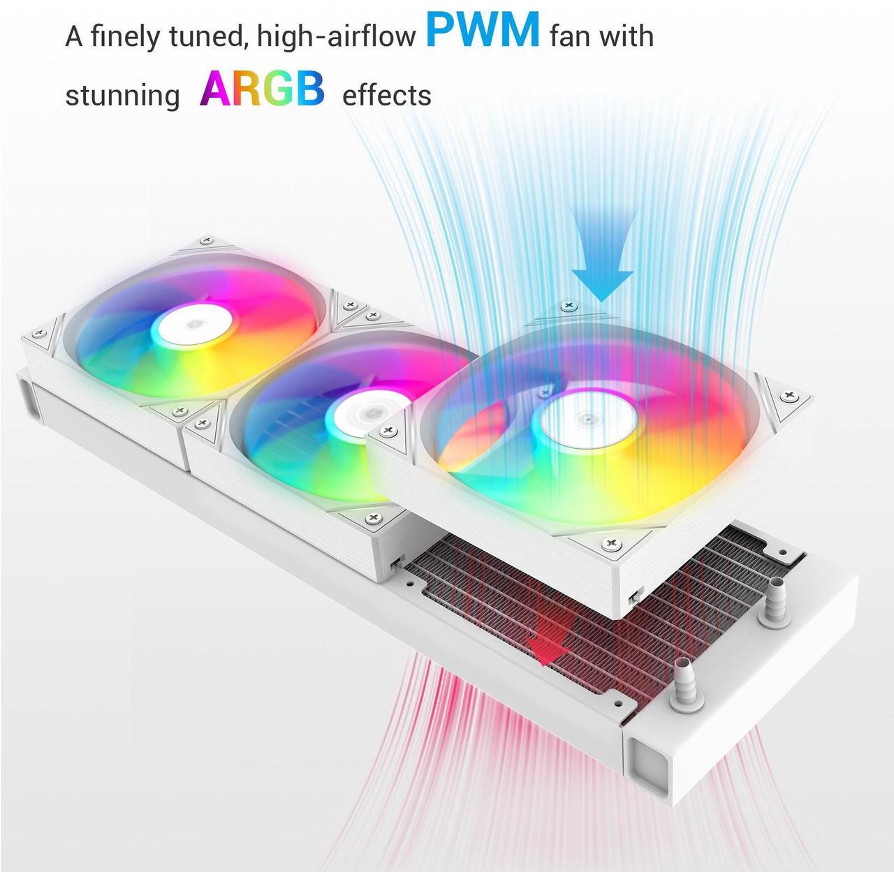Alt view image 4 of 7 - SAMA L60 CPU Liquid Cooler,  AIO Cooler 360mm 4pin PWM Quiet Fans - FDB Bearings ARGB Water Cooling, White CPU Cooler Compatible LGA 1366/115X/2011/1200/1700 and AM4 AM5