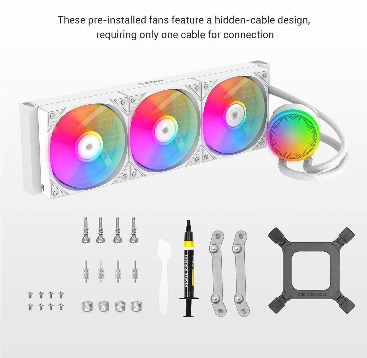 Alt view image 7 of 7 - SAMA L60 CPU Liquid Cooler,  AIO Cooler 360mm 4pin PWM Quiet Fans - FDB Bearings ARGB Water Cooling, White CPU Cooler Compatible LGA 1366/115X/2011/1200/1700 and AM4 AM5