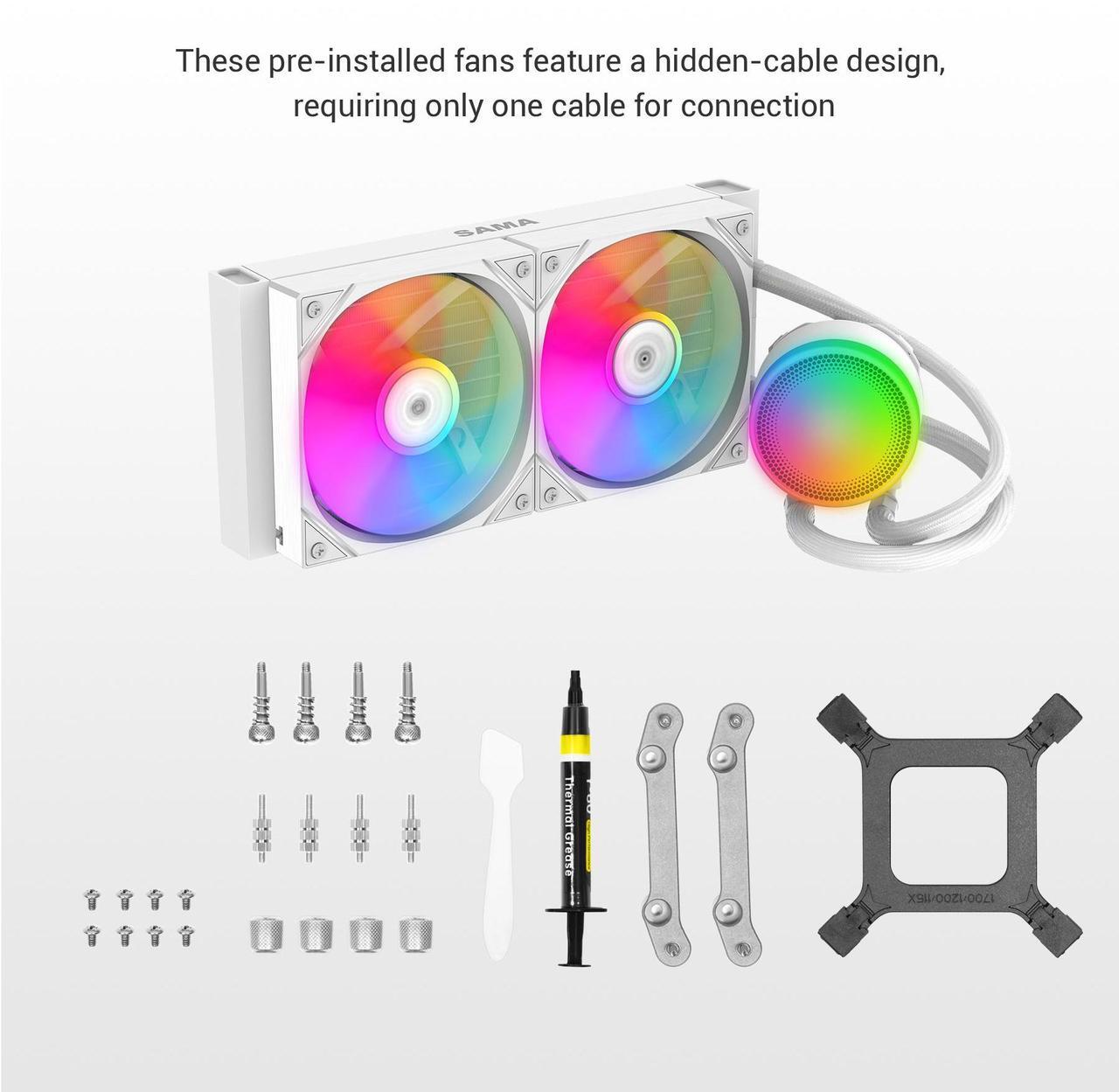 Alt view image 7 of 7 - SAMA L40 CPU Liquid Cooler, 240mm AIO Cooler 4pin PWM Quiet Fans - FDB Bearings ARGB Water Cooling, White CPU Cooler Compatible LGA 1366/115X/2011/1200/1700 and AM4 AM5