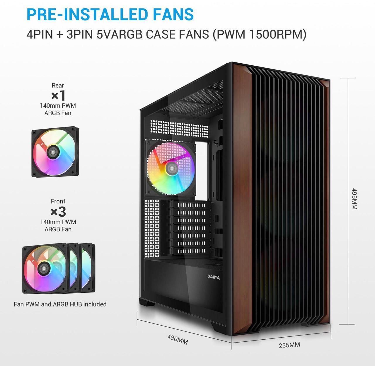 Alt view image 3 of 7 - SAMA Z60 Black Genuine Walnut Wood PC Case, ATX Mid Tower, Pre-Installed 4x 140mm ARGB PWM Fans, Supports 360mm Radiator on Top, Type-C Port, Supports E-ATX/ATX/M-ATX/ITX, Full Tower Computer Case