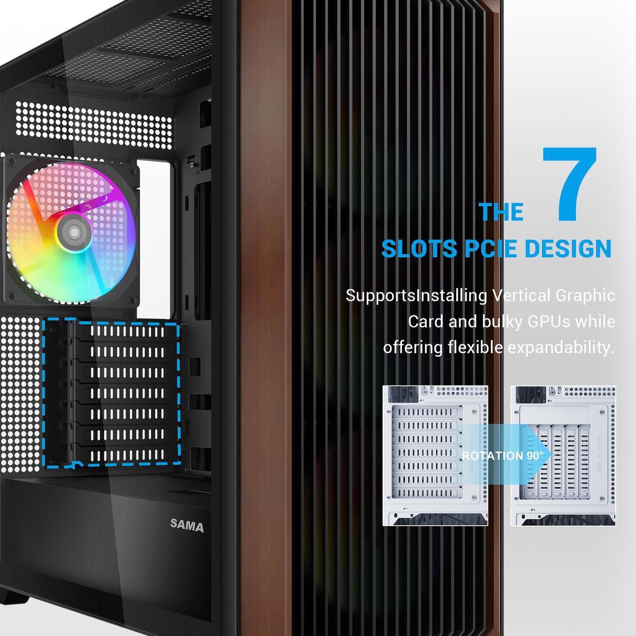 Alt view image 8 of 7 - SAMA Z60 Black Genuine Walnut Wood PC Case, ATX Mid Tower, Pre-Installed 4x 140mm ARGB PWM Fans, Supports 360mm Radiator on Top, Type-C Port, Supports E-ATX/ATX/M-ATX/ITX, Full Tower Computer Case