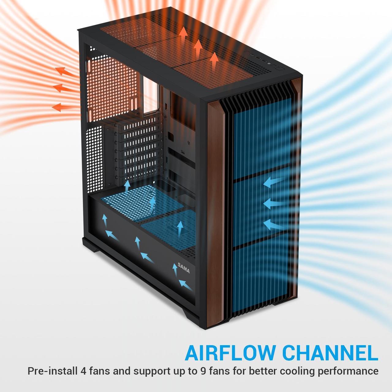 Alt view image 4 of 7 - SAMA Z60 Black Genuine Walnut Wood PC Case, ATX Mid Tower, Pre-Installed 4x 140mm ARGB PWM Fans, Supports 360mm Radiator on Top, Type-C Port, Supports E-ATX/ATX/M-ATX/ITX, Full Tower Computer Case
