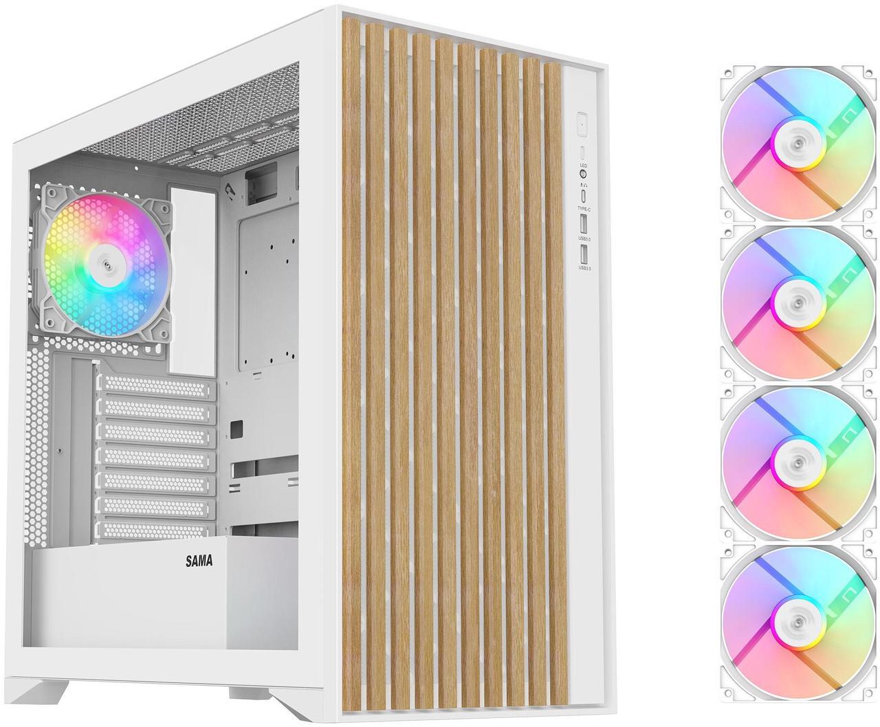 Main image of SAMA V Nature ATX MATX Mid Tower PC Case - Front Panel with 10 Walnut Colored European Beech Wood,4 Addressable RGB Fans Pre-Installed