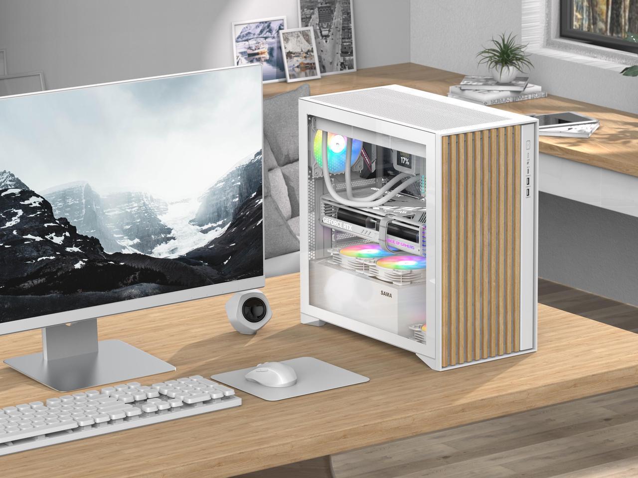 Alt view image 2 of 7 - SAMA V Nature ATX MATX Mid Tower PC Case - Front Panel with 10 Walnut Colored European Beech Wood,4 Addressable RGB Fans Pre-Installed