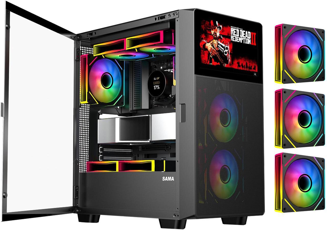 Main image of SAMA V-play ATX Mid Tower High-end Gaming Computer PC Case With 8-inch LCD Display, Tempered Glass Side Panels, Supports Multiple Cooling Configurations Black