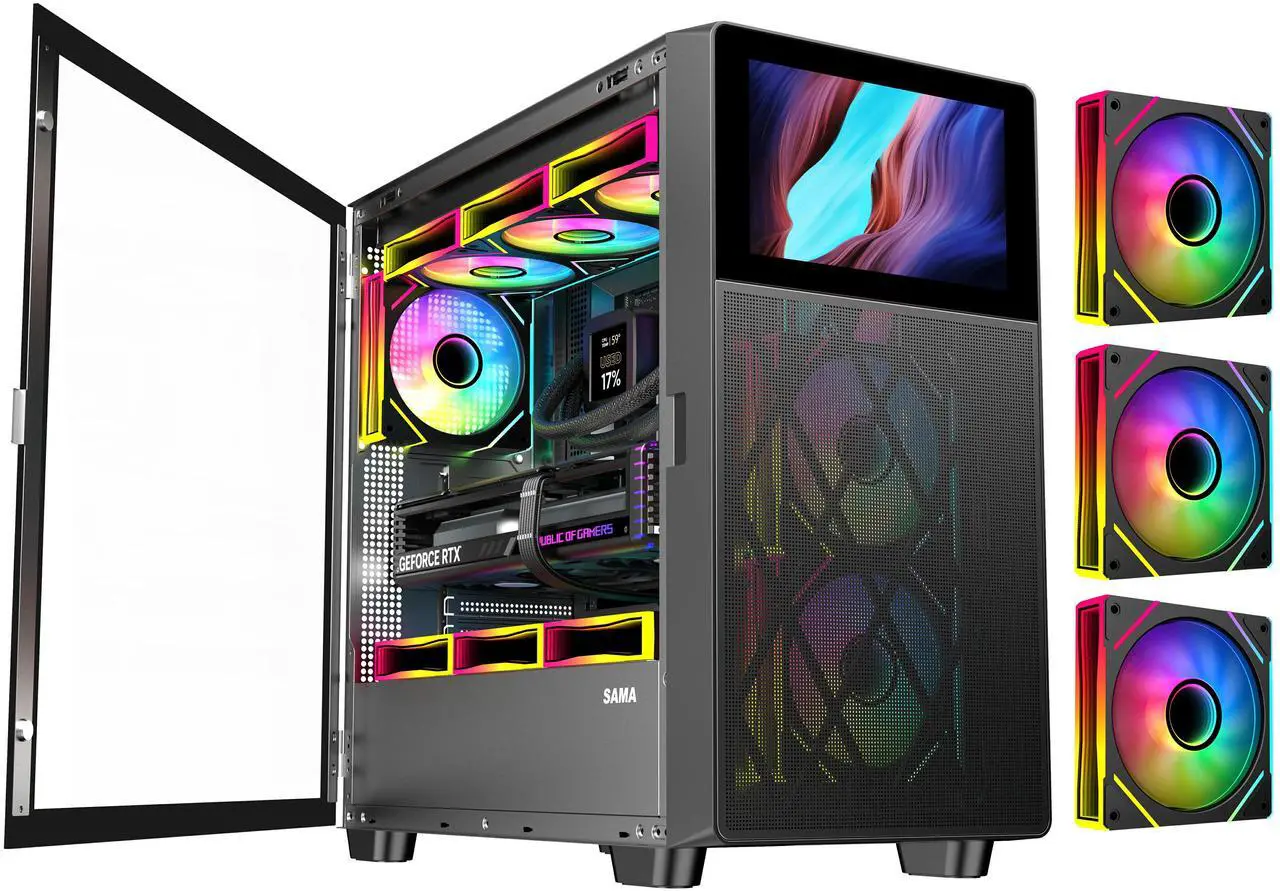 Main image of SAMA V-play ATX Mid Tower High-end Gaming Computer PC Case With 8-inch LCD Display, Tempered Glass Side Panels, Supports Multiple Cooling Configurations Black