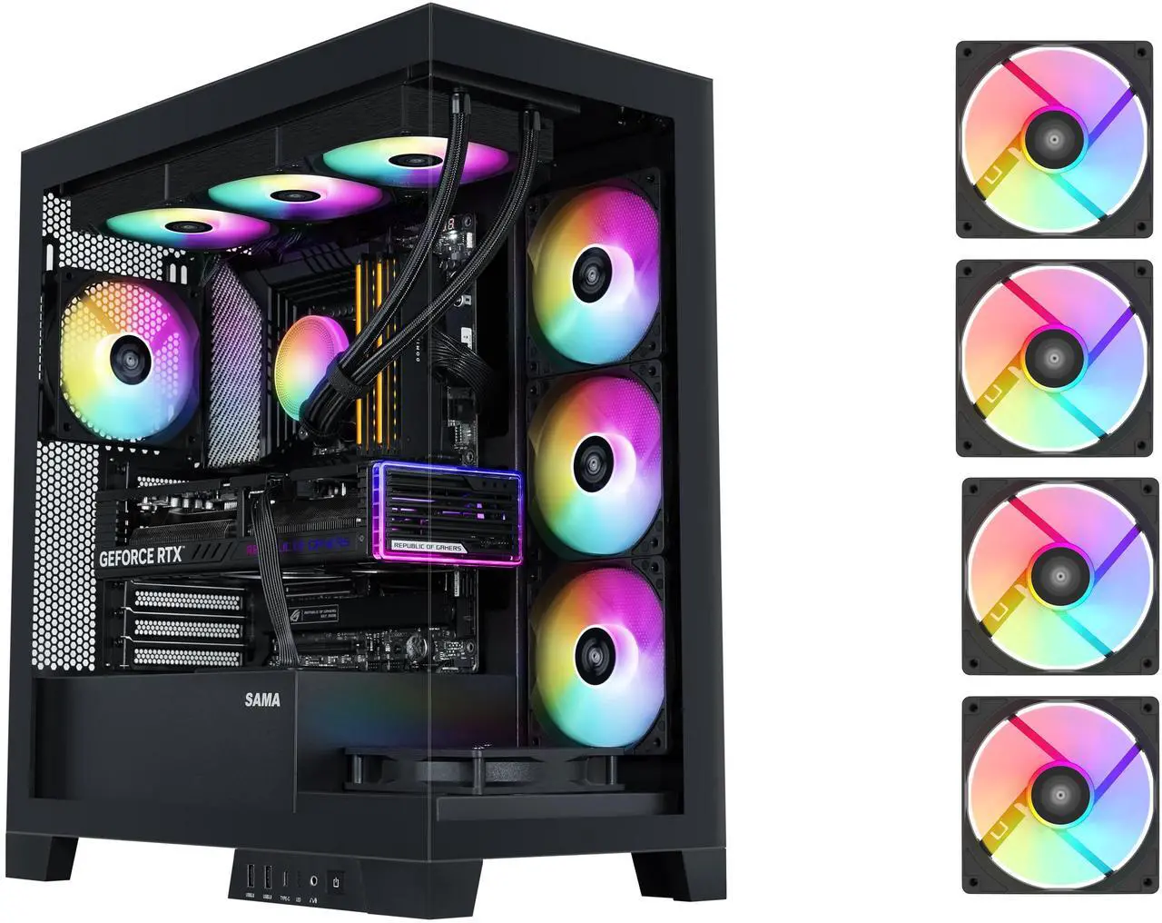 SAMA V50 Black Mid Tower PC Case, 4x120mm ARGB PWM Fan Pre-Install for Efficient Cooling, Compatible ATX/MATX/ITX Motherboards and Back-Connect Design Supports 360mm Water Cooling and 40 Series GPU