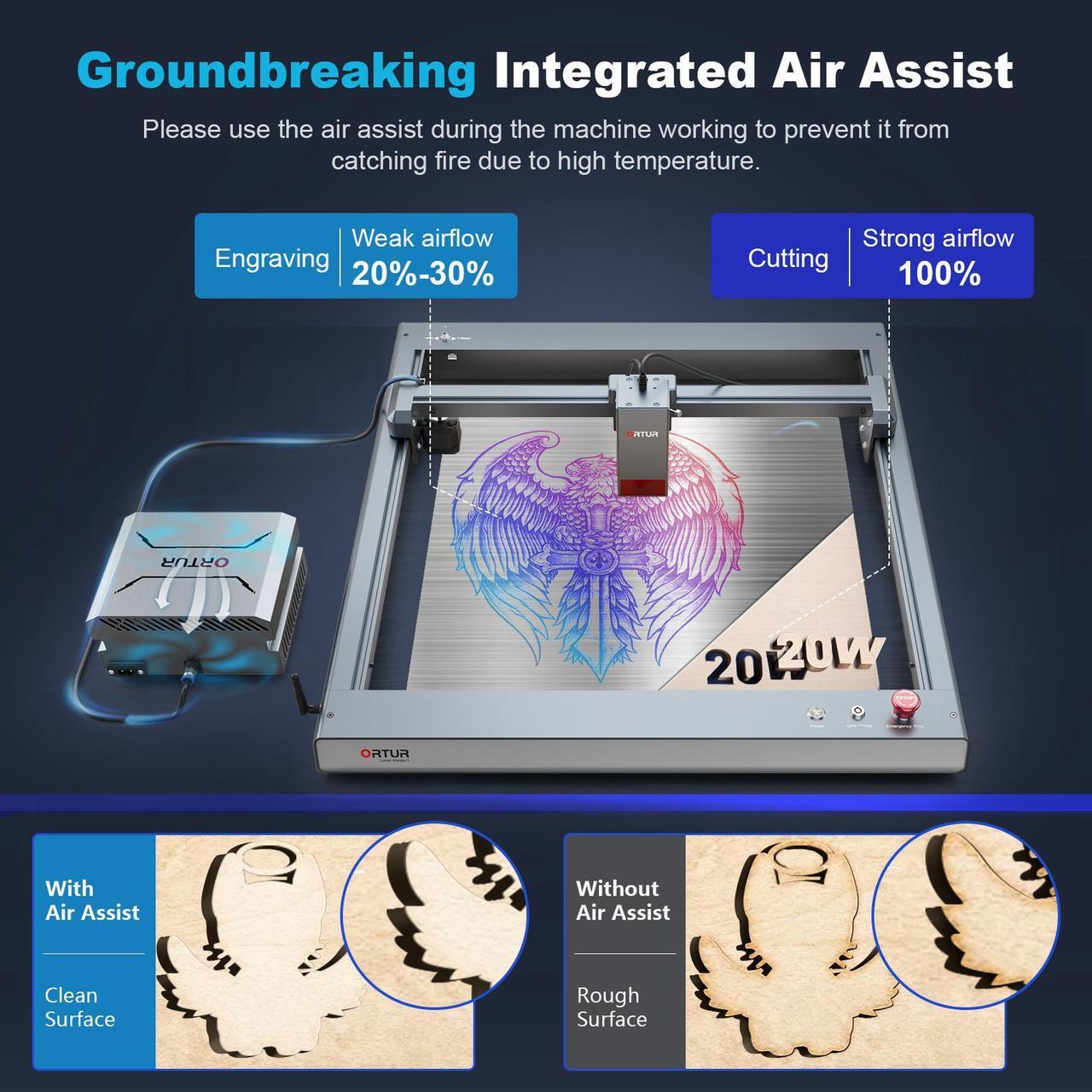 Alt view image 5 of 6 - ORTUR Laser Master 3 with 50L Air Assist, 20W Output Laser Engraver and Cutter, 20000mm/min Engraving Speed and App Control Laser Engraving Machine, 380+ Colors Engraving On Metal Steel, 0.08mmx0.08mm