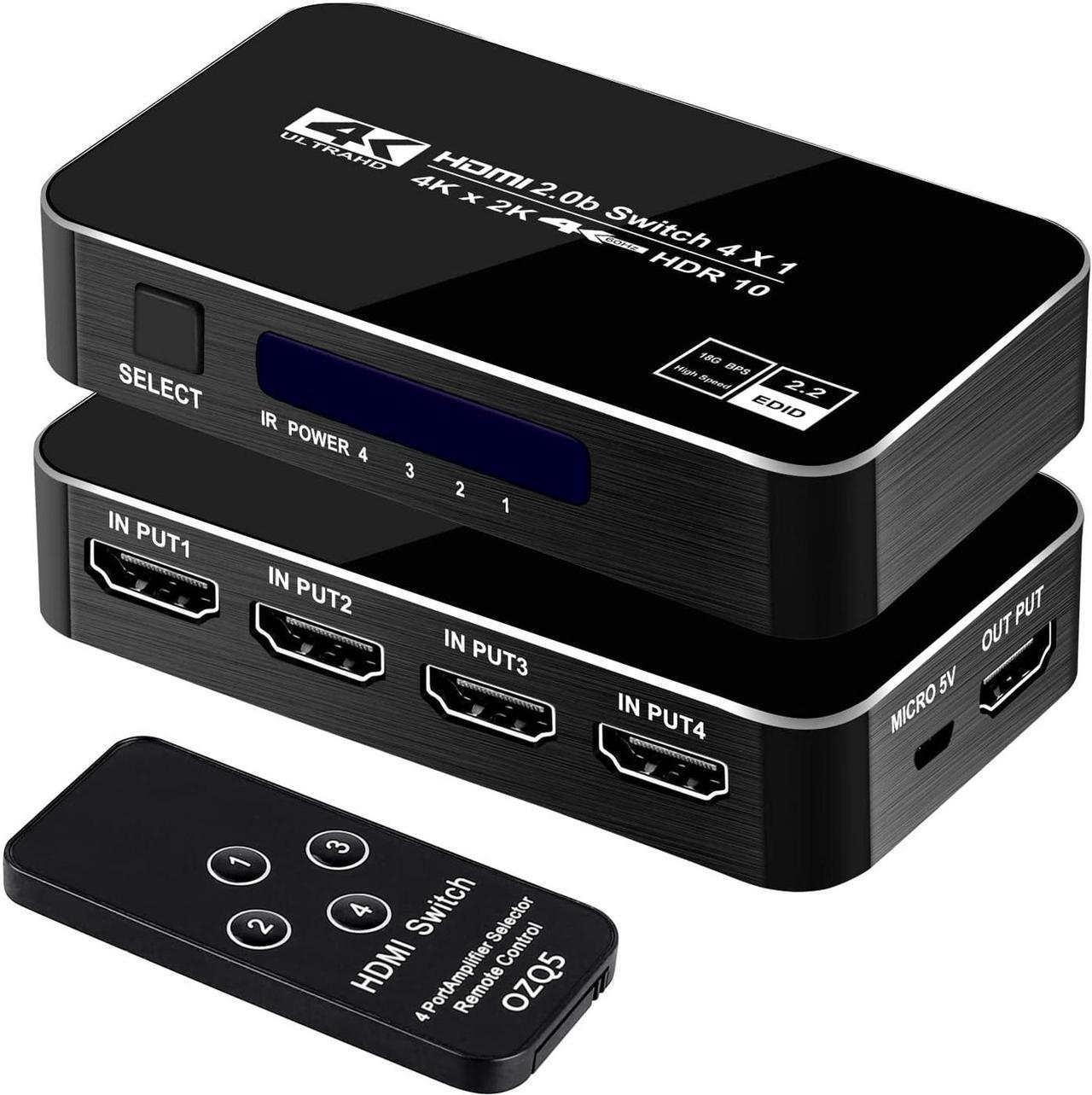 4K HDR HDMI Switch, 4 Ports 4K 60Hz HDMI 2.0 Switcher Selector with IR Remote, Supports Ultra HD Dolby Vision, High Speed (Max to 18.5Gbps), HDR10, HDCP 2.2 & 3D