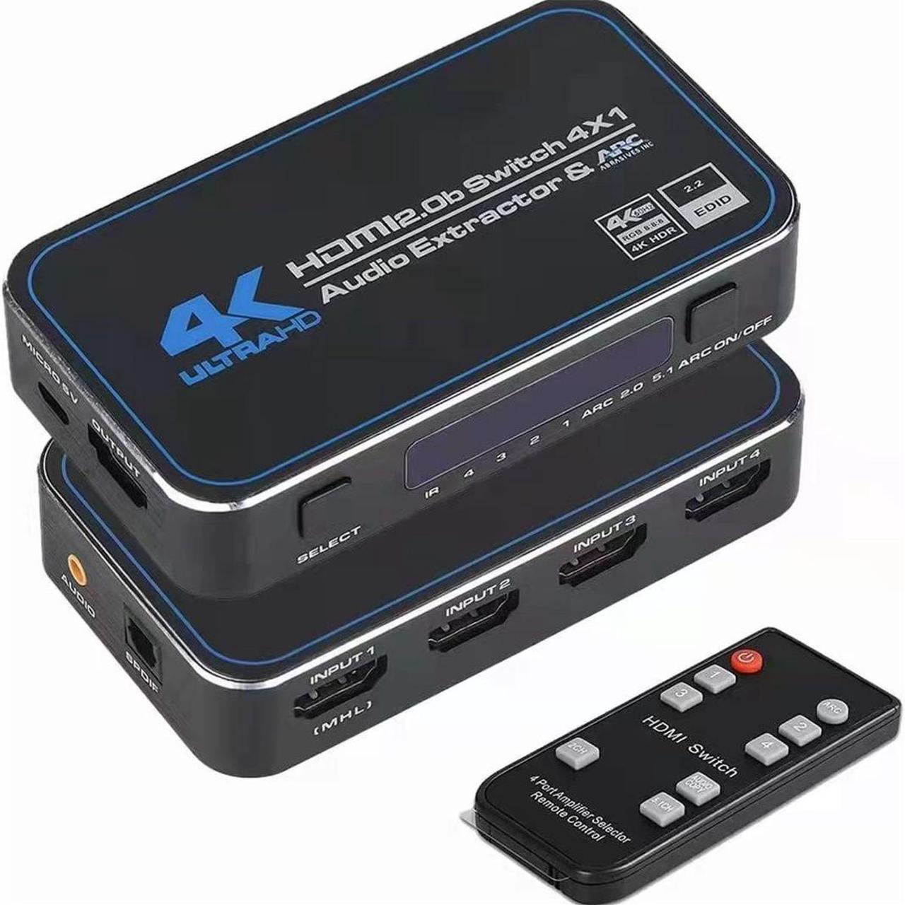 HDMI Switch 4x1 with Audio Extractor, 4K@60Hz Ultra HD HDMI Switcher with Optical TOSLINK SPDIF, 3.5mm Audio Support ARC Function, 3D, 1080P @120Hz, 4Kx2k @60Hz HDTV (IR Wireless Remote Control)