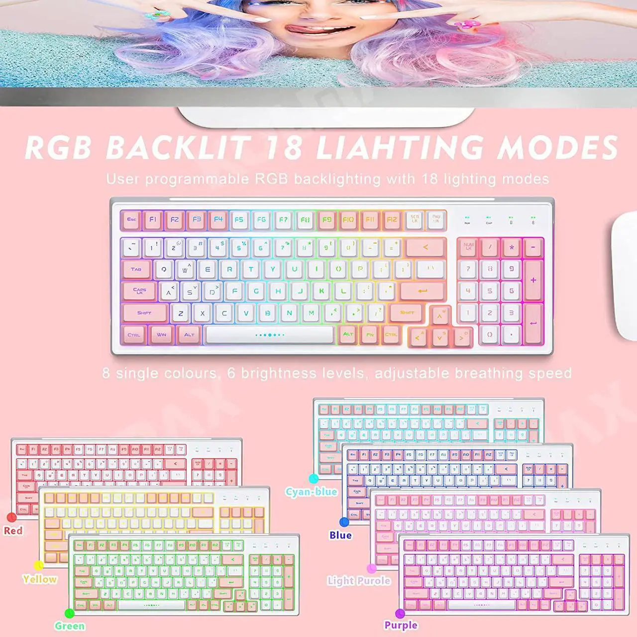 Alt view image 2 of 7 - CK98 Wireless Rechargeable Backlit Keyboard and Mouse Combo, RGB White Keyboard with 98 Keys, Dual Color Mouse with 3200DPI for PC Mac Gamers (White/Pink)