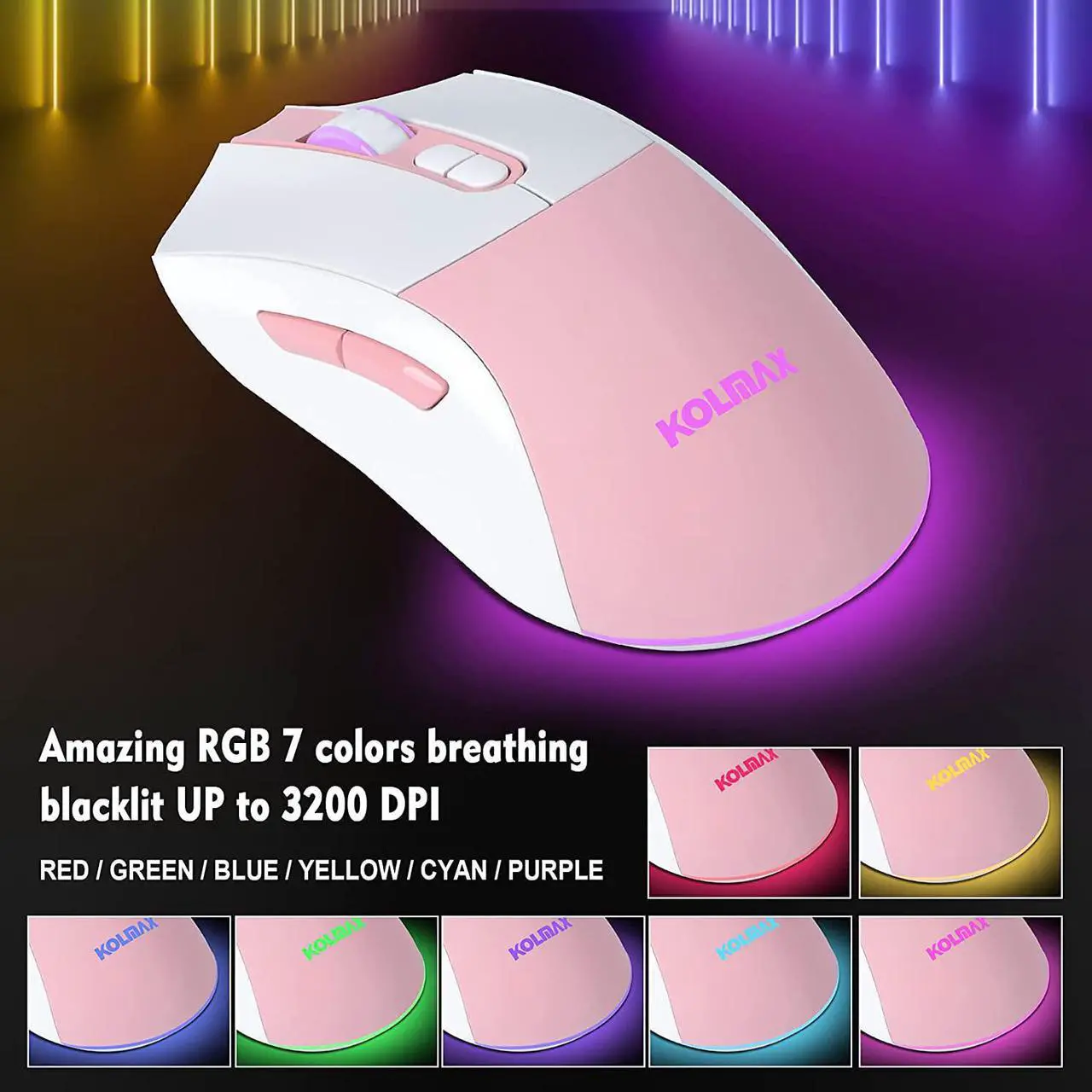 Alt view image 5 of 7 - CK98 Wireless Rechargeable Backlit Keyboard and Mouse Combo, RGB White Keyboard with 98 Keys, Dual Color Mouse with 3200DPI for PC Mac Gamers (White/Pink)