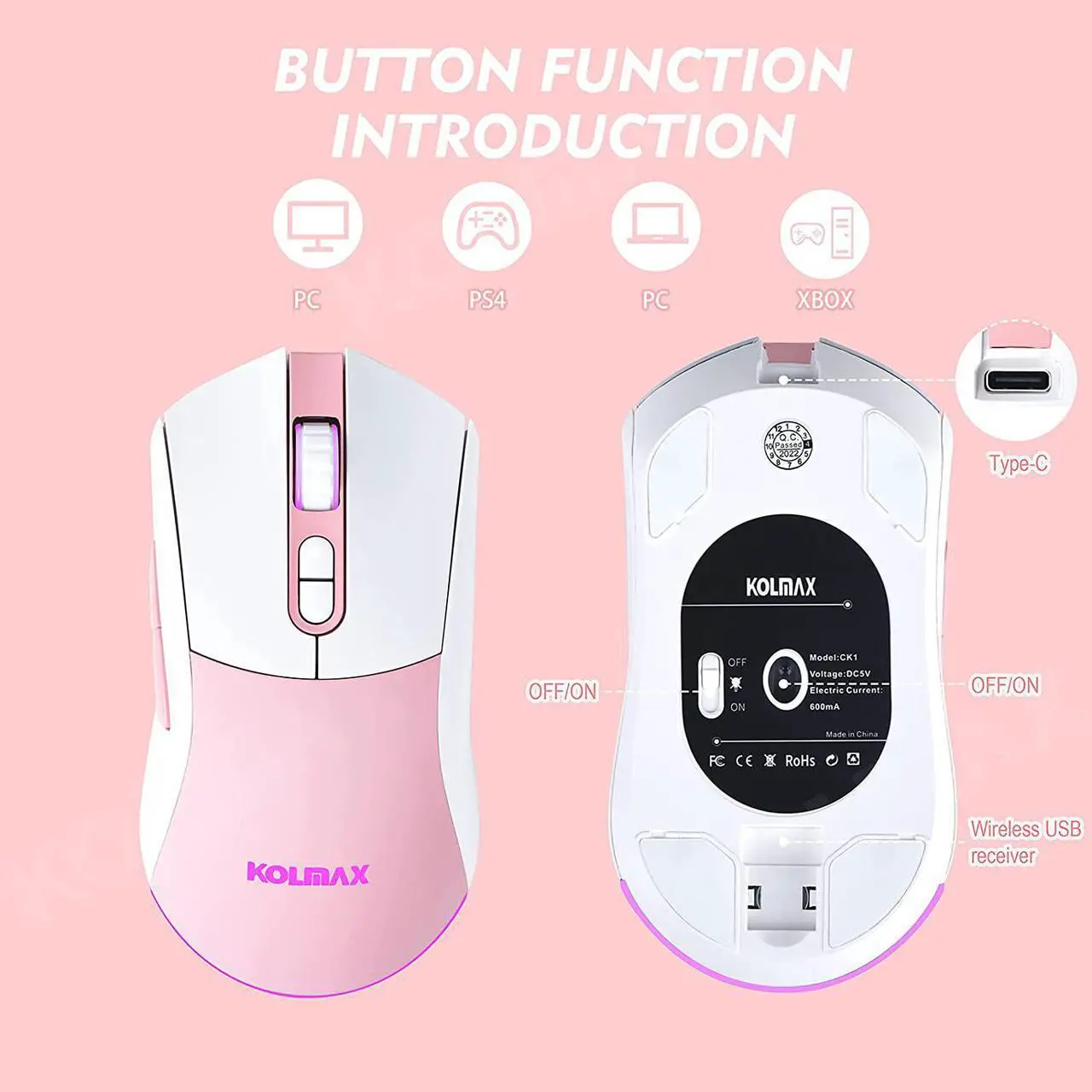 Alt view image 6 of 7 - CK98 Wireless Rechargeable Backlit Keyboard and Mouse Combo, RGB White Keyboard with 98 Keys, Dual Color Mouse with 3200DPI for PC Mac Gamers (White/Pink)