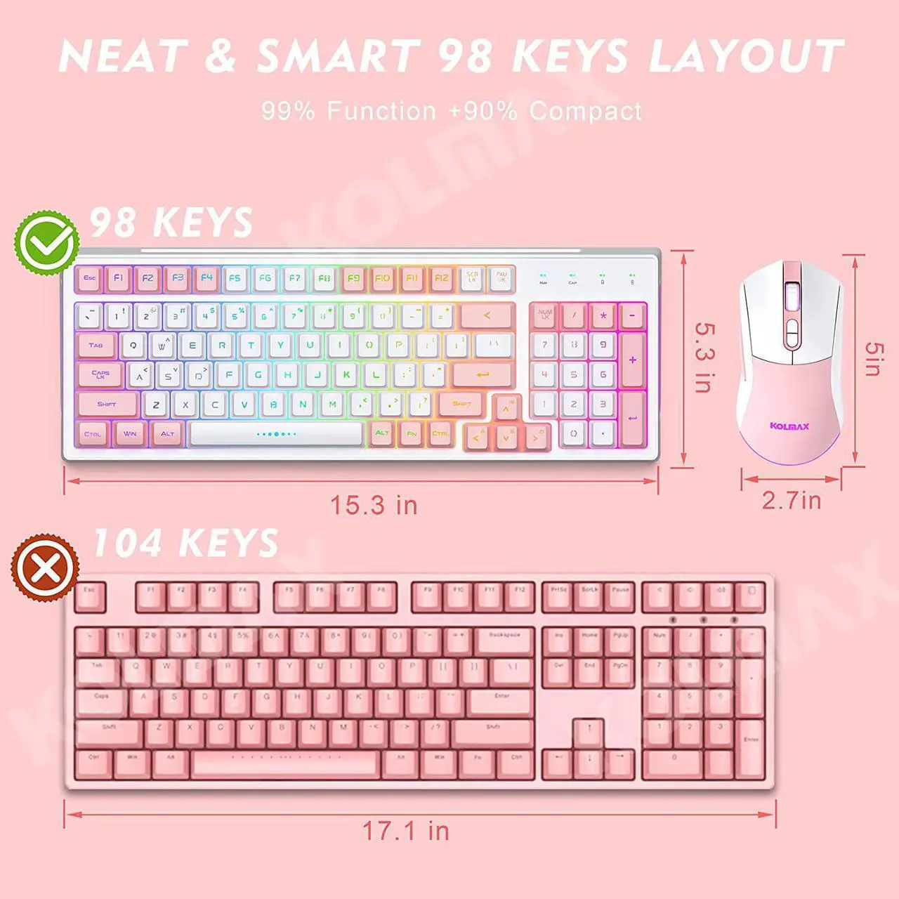 Alt view image 4 of 7 - CK98 Wireless Rechargeable Backlit Keyboard and Mouse Combo, RGB White Keyboard with 98 Keys, Dual Color Mouse with 3200DPI for PC Mac Gamers (White/Pink)