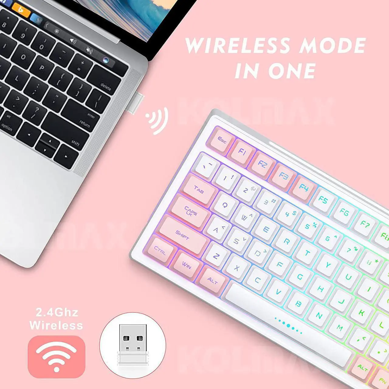 Alt view image 7 of 7 - CK98 Wireless Rechargeable Backlit Keyboard and Mouse Combo, RGB White Keyboard with 98 Keys, Dual Color Mouse with 3200DPI for PC Mac Gamers (White/Pink)