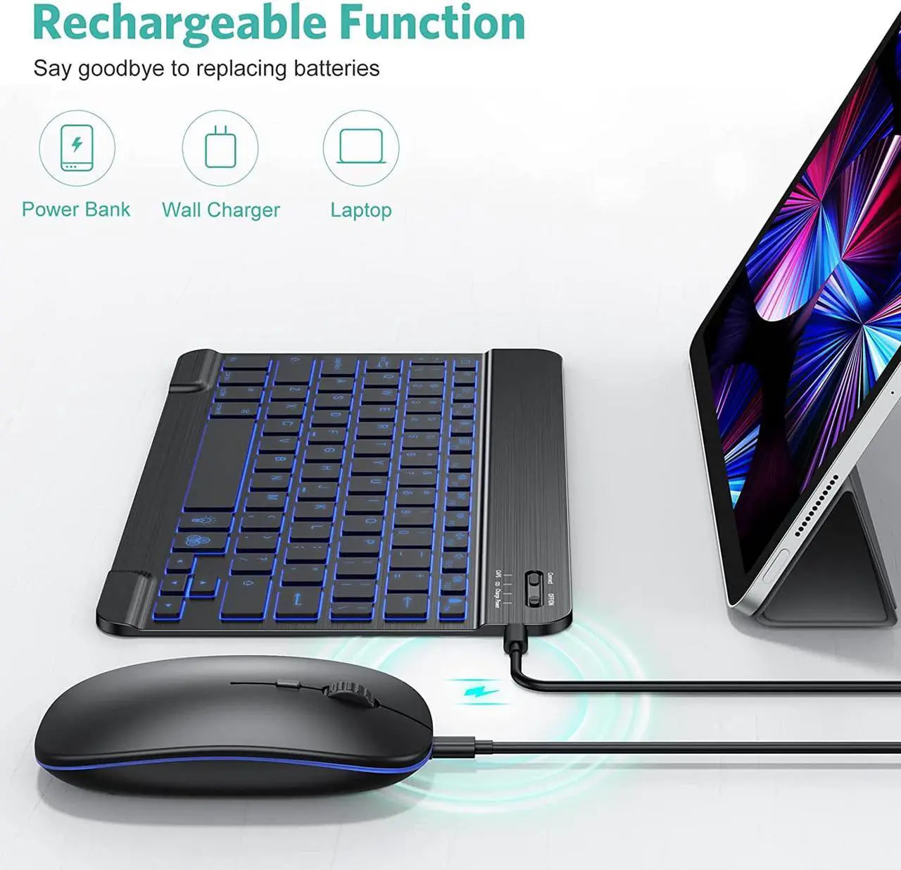 Alt view image 4 of 7 - TECURS Bluetooth Keyboard and Mouse Combo for iPad - Rechargeable Wireless Keyboard & Mouse with 7-Color Backlit Compatible with iPad 10th/9th/8th Gen, iPad Pro/Air/Mini, iPhone15/14/13 Pro, Black