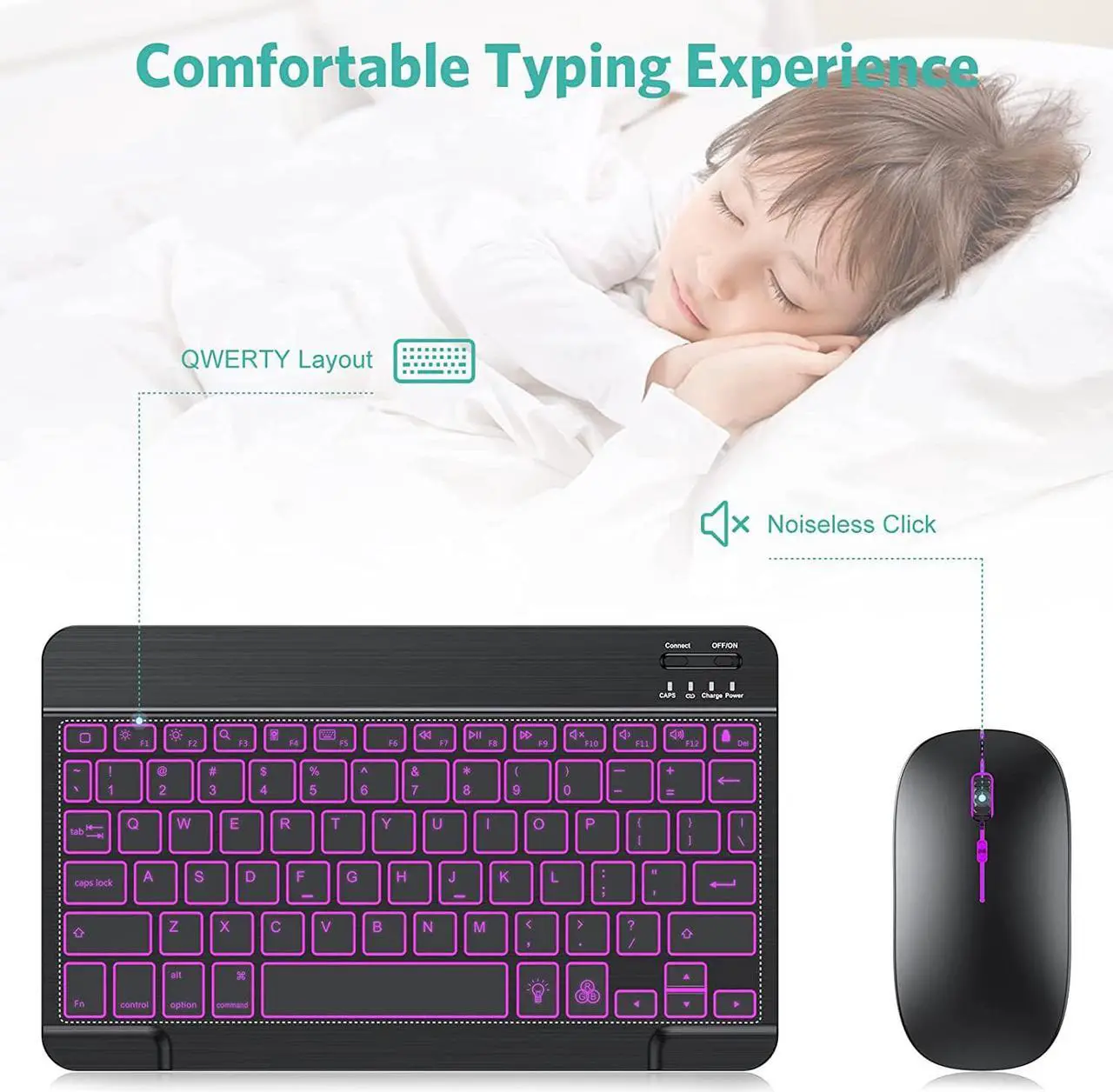 Alt view image 6 of 7 - TECURS Bluetooth Keyboard and Mouse Combo for iPad - Rechargeable Wireless Keyboard & Mouse with 7-Color Backlit Compatible with iPad 10th/9th/8th Gen, iPad Pro/Air/Mini, iPhone15/14/13 Pro, Black